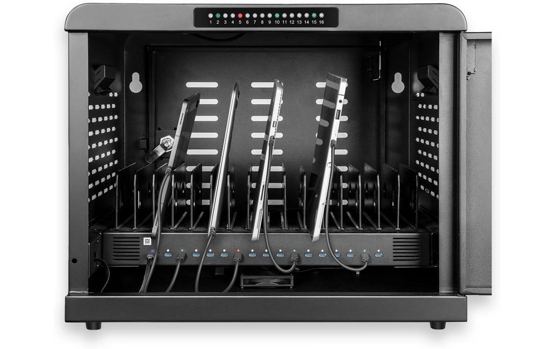 LMP Lade-/Aufbewahrungsschrank – für 16 Geräte – abschliessbar, 500 W Netzteil, 30 W pro Port – Schwarz