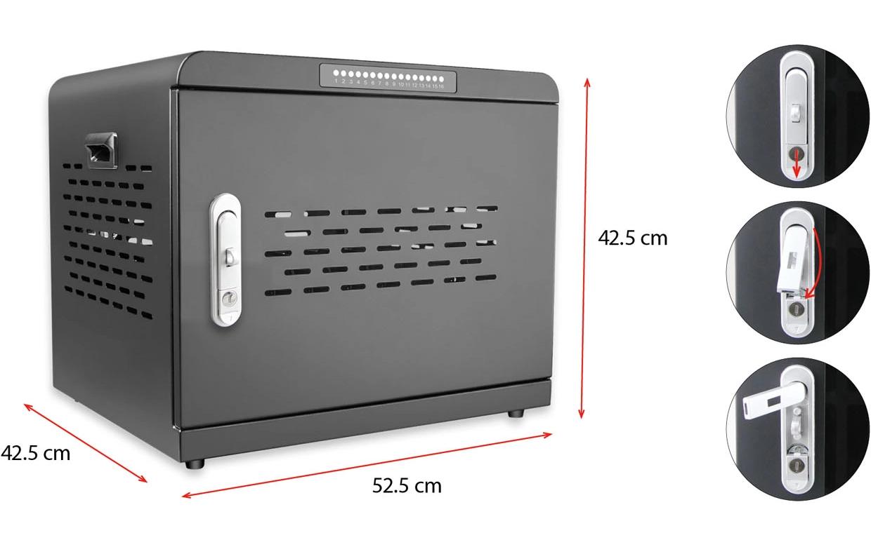 LMP Lade-/Aufbewahrungsschrank – für 16 Geräte – abschliessbar, 1000 W gesamt, 60 W/Port – Schwarz