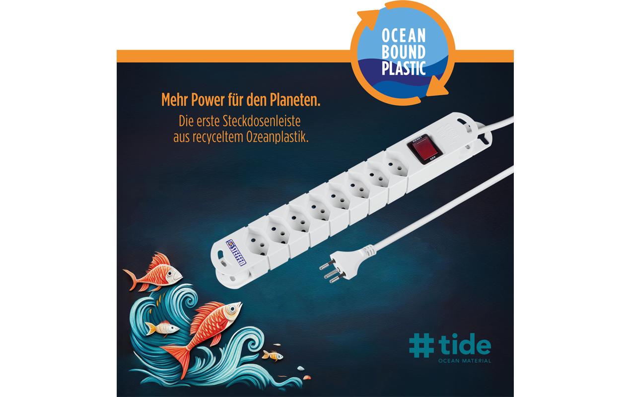 Steffen Steckdosenleiste – 8× T13, 3 m, mit Schalter, IP20, Weiss
