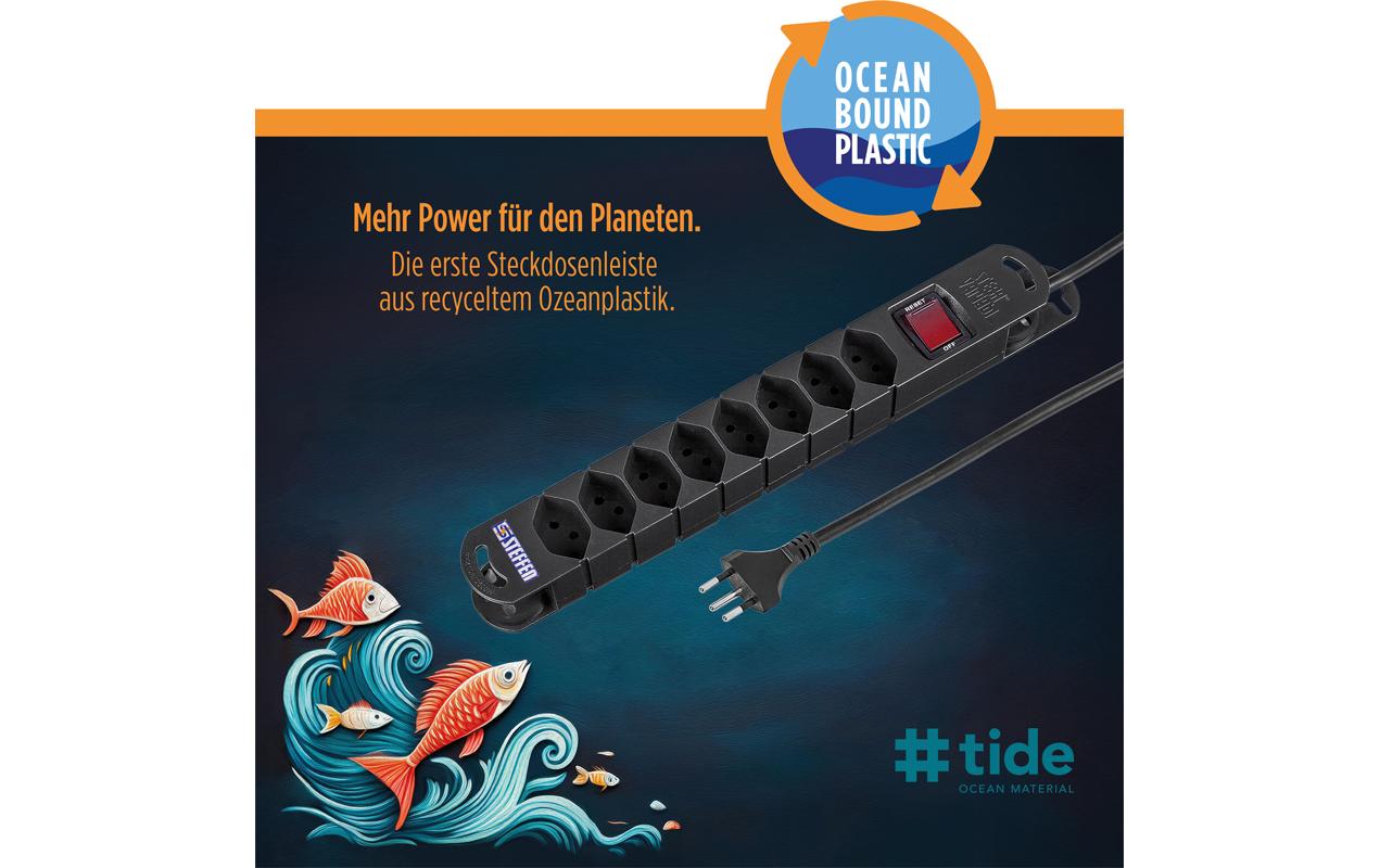 Steffen Steckdosenleiste, 8×T13, mit Schalter, 3 m, Eingang T12, IP20 – Schwarz