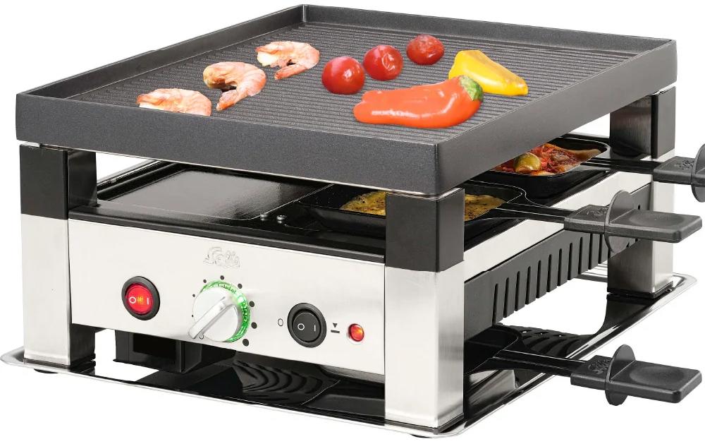 Solis Raclette & Pizza Grill 7910 – 4 Personen, Grillfläche 30 × 24 cm, 1020 W – schwarz/edelstahl