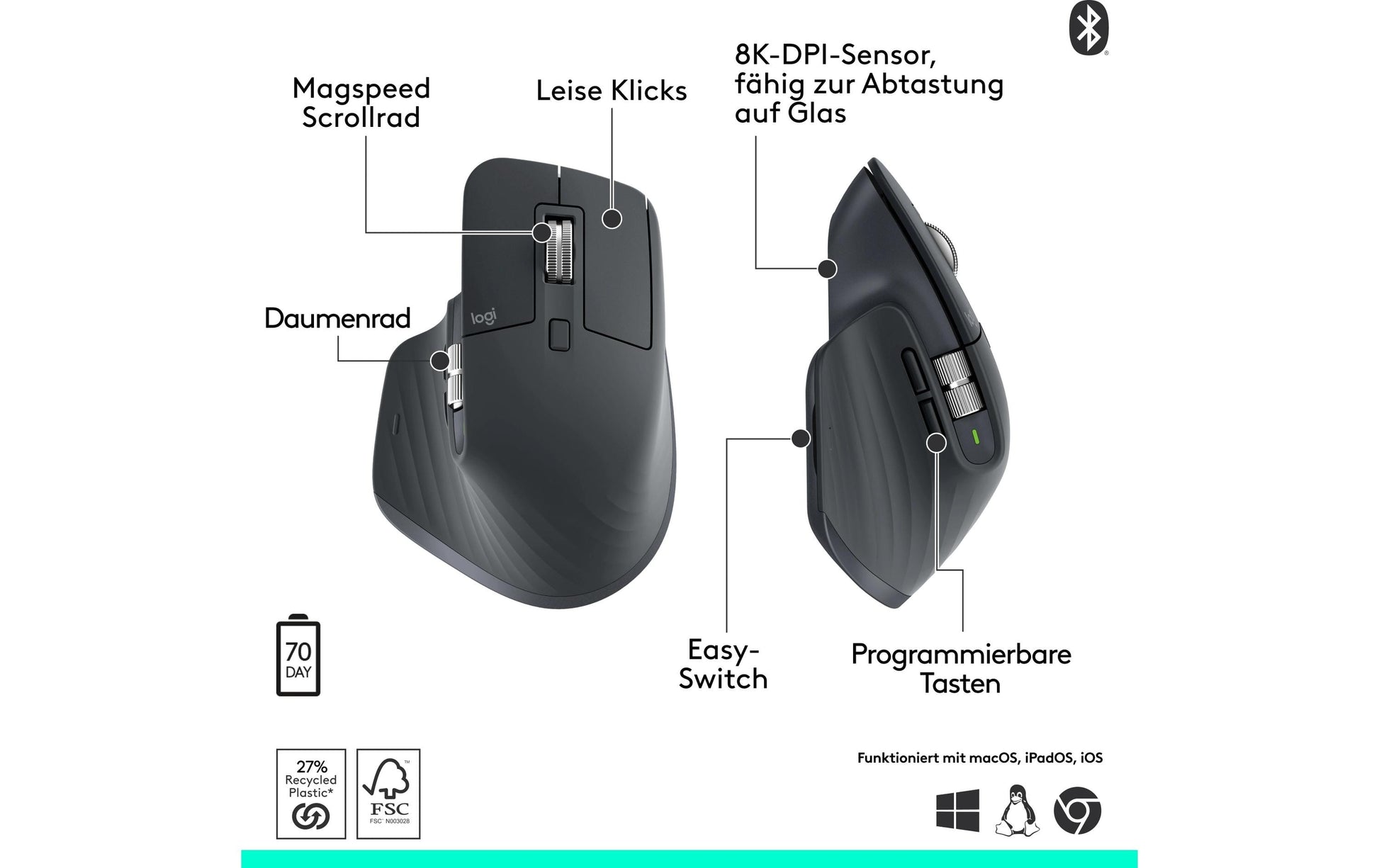 Logitech MX Master 3S Bluetooth Edition Maus – kabellos, USB-A, für Rechtshänder, grau/graphit