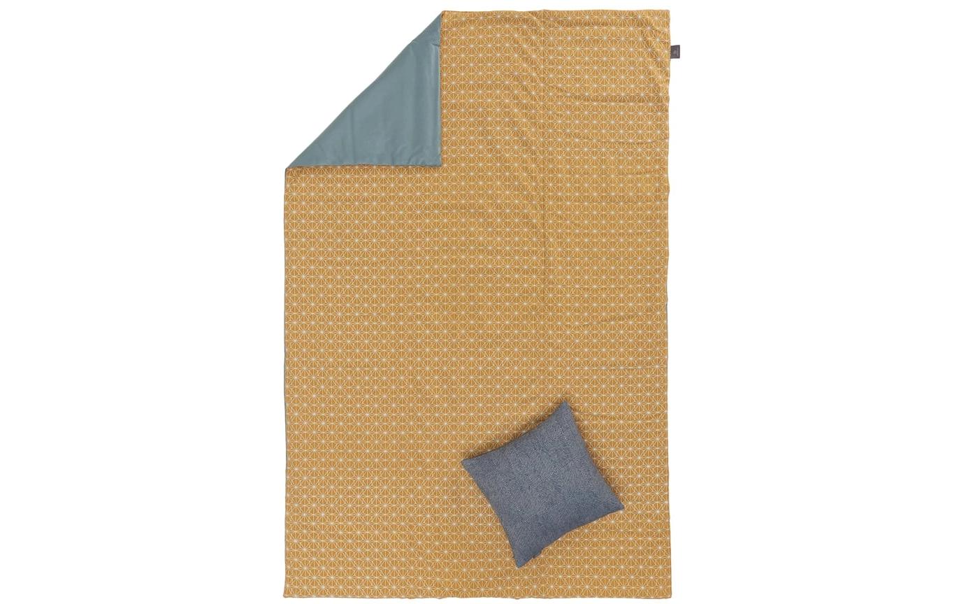 URBANARA Ankisa Wohndecke – Baumwolle, Senfgelb/Weiss/Grüngrau – 130 × 190 cm