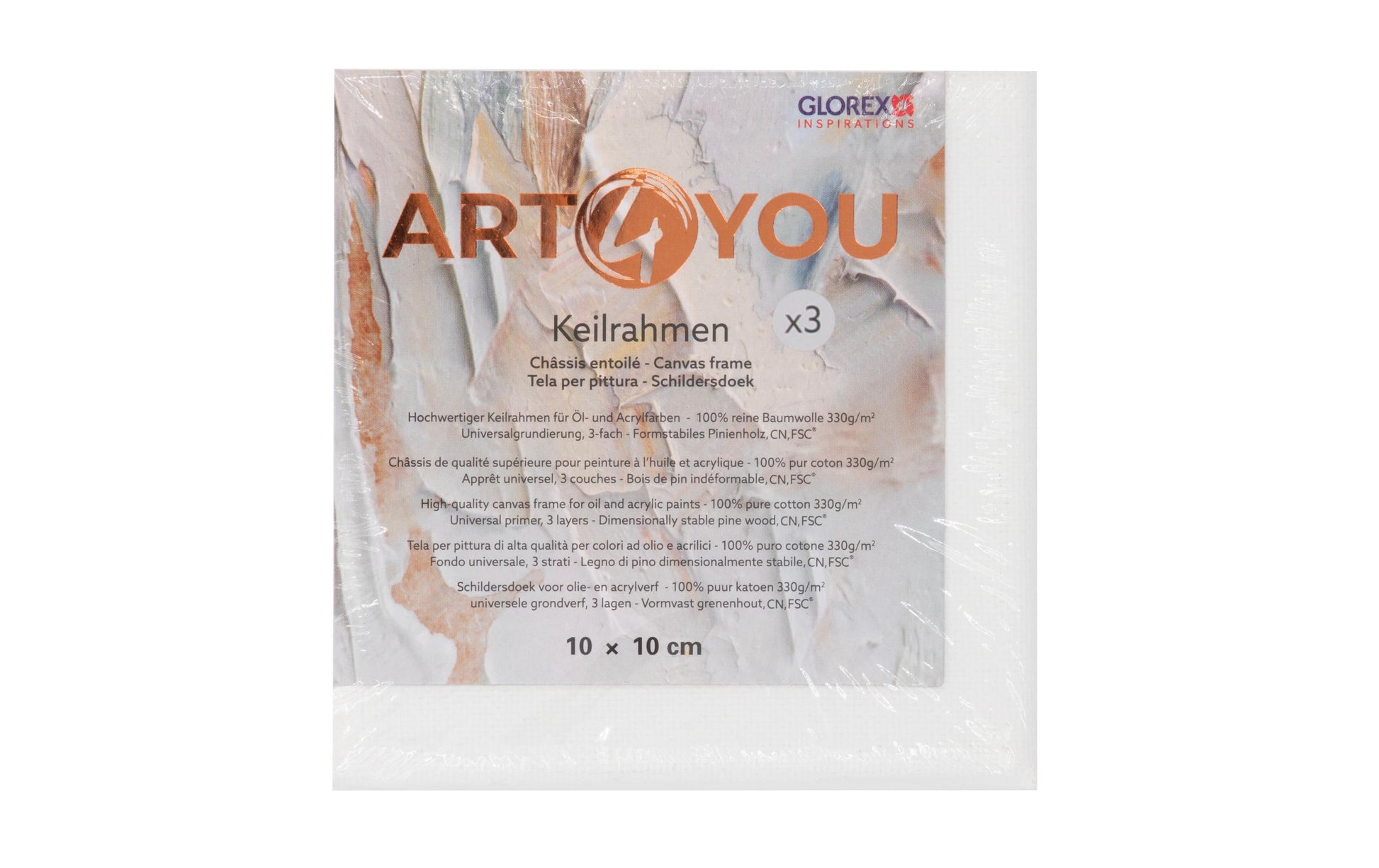 GLOREX Keilrahmen – 10 × 10 cm – 330 g/m² – Profil 17 mm – 3 Stk. – Baumwolle
