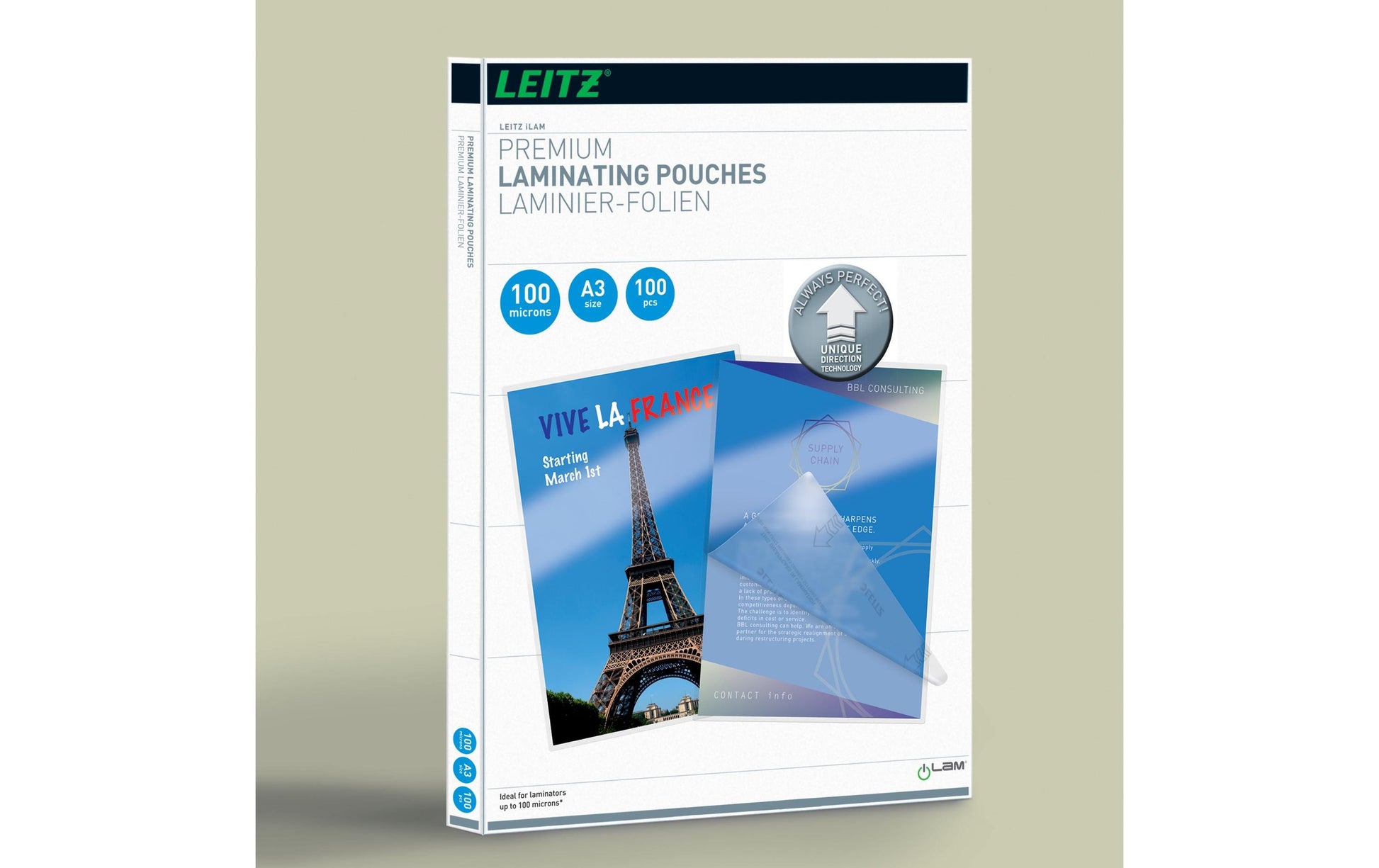 Leitz Laminierfolien A3, glänzend – 100 µm, 303 × 426 mm, 100 Stk.