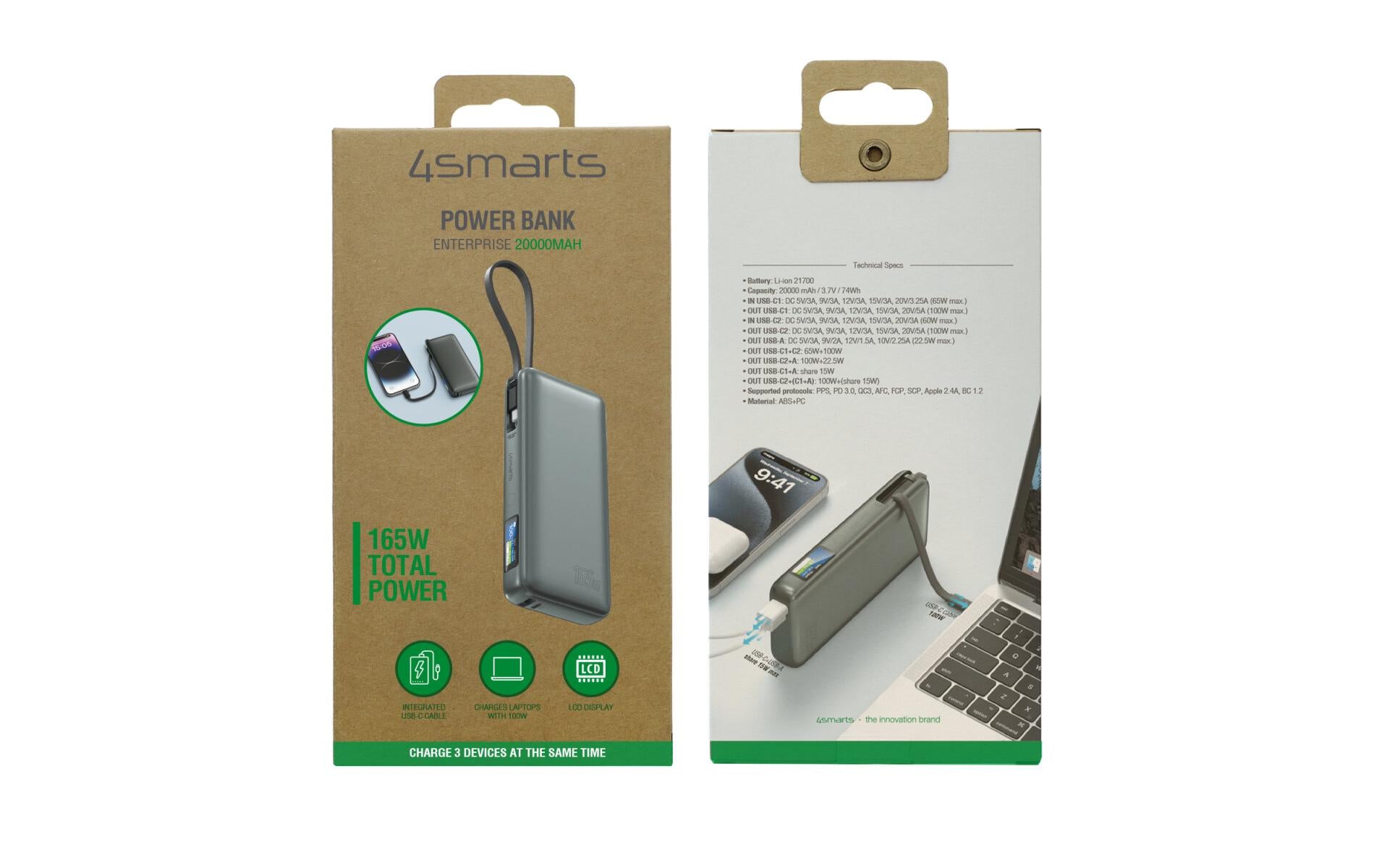 4smarts Powerbank 20000 mAh, PD 165 W, für Nintendo Switch, Laptop, Smartphone, Grau