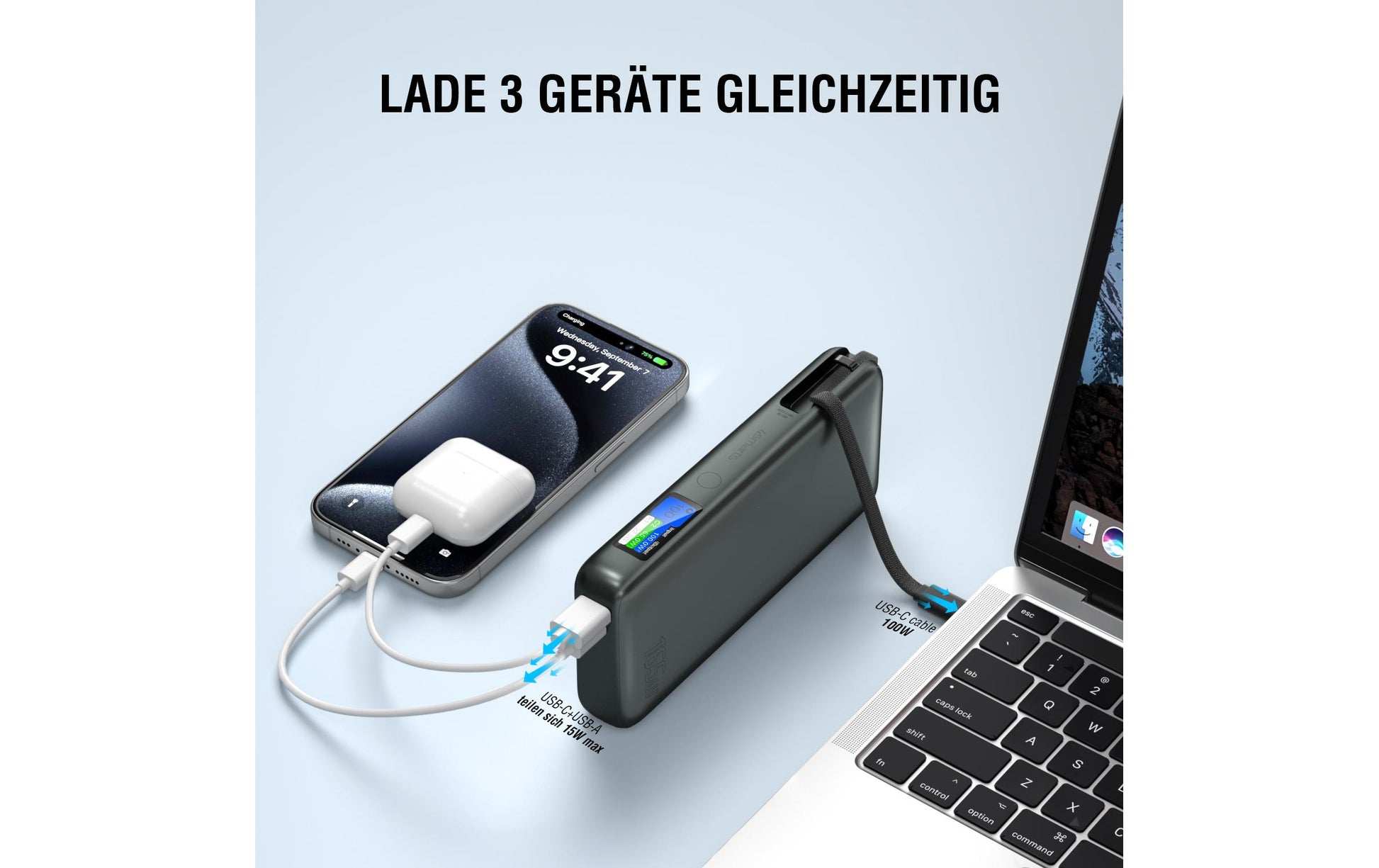 4smarts Powerbank 20000 mAh, PD 165 W, für Nintendo Switch, Laptop, Smartphone, Grau