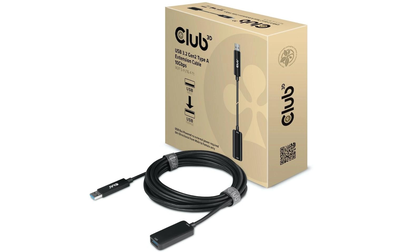 CLUB3D Club 3D – USB-A Verlängerungskabel (Stecker auf Buchse) – USB 3.2 Gen 2 (10 Gbit/s) – 5 m – Schwarz