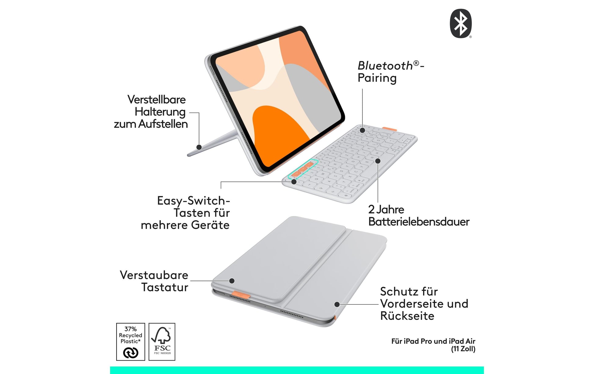 Logitech Tastatur-Case für iPad Pro & Air 11", iPad Air 10,9" (5. Gen.) – Bluetooth, QWERTZ (CH) – Hellgrau