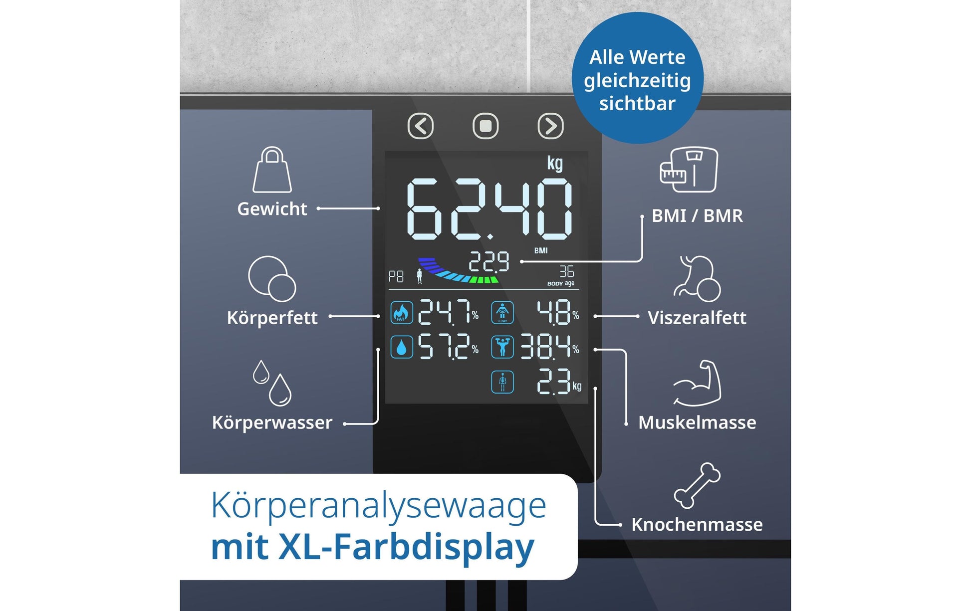 ADE Digitale Körperanalysewaage Emmy – Körperwasser – 200 kg – Dunkelblau