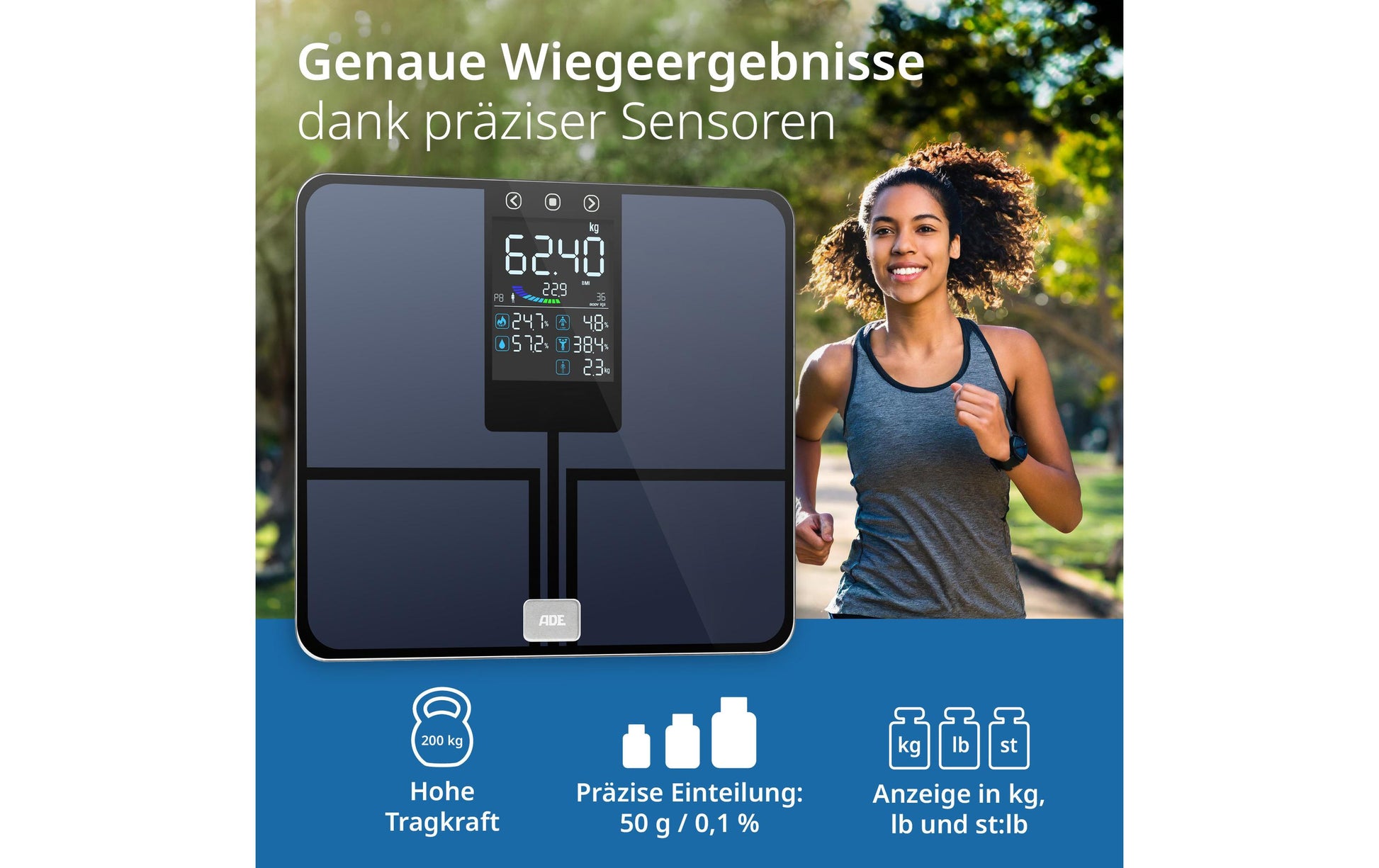 ADE Digitale Körperanalysewaage Emmy – Körperwasser – 200 kg – Dunkelblau