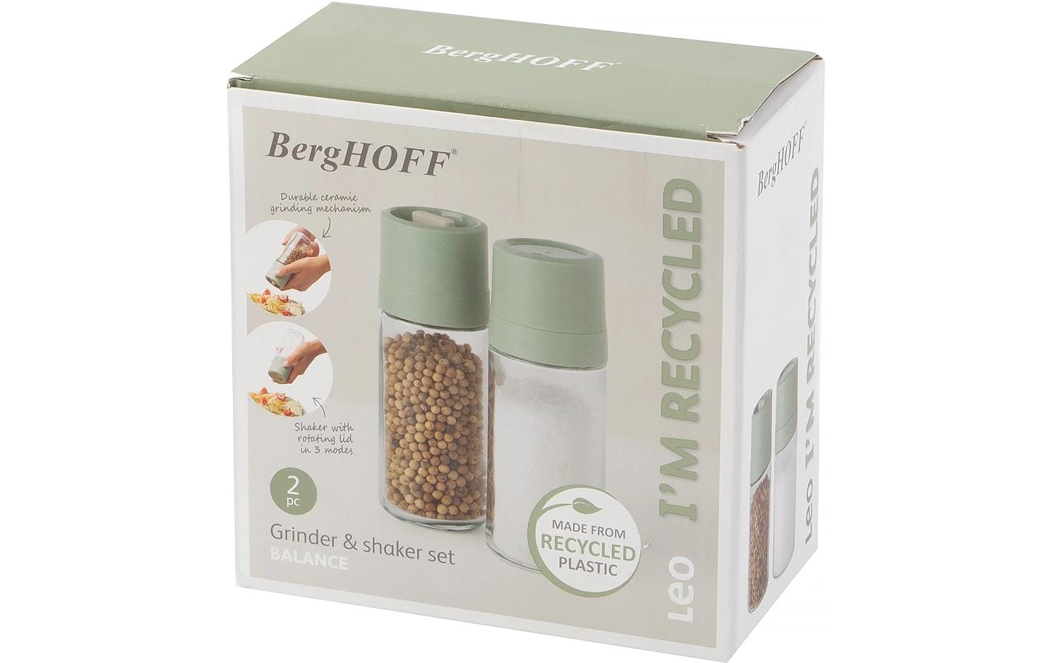 BergHOFF Salz-/Pfeffermühle 15,2 cm, Polypropylen (PP)/Glas, grün/transparent, 2-teilig