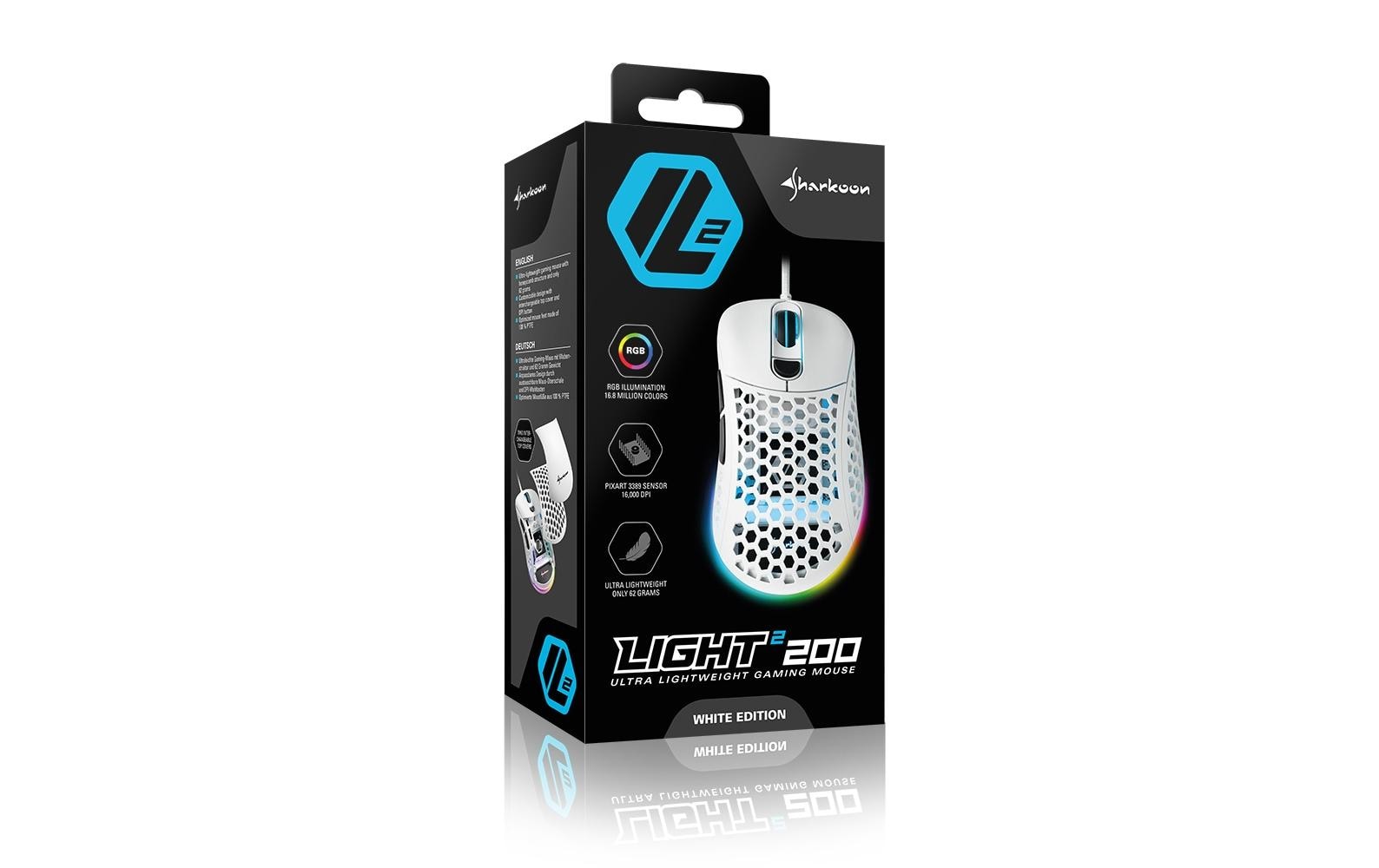 Sharkoon Light 200 – Gaming-Maus – Kabelgebunden (USB‑A), 16000 DPI, Beidhändig, Weiss