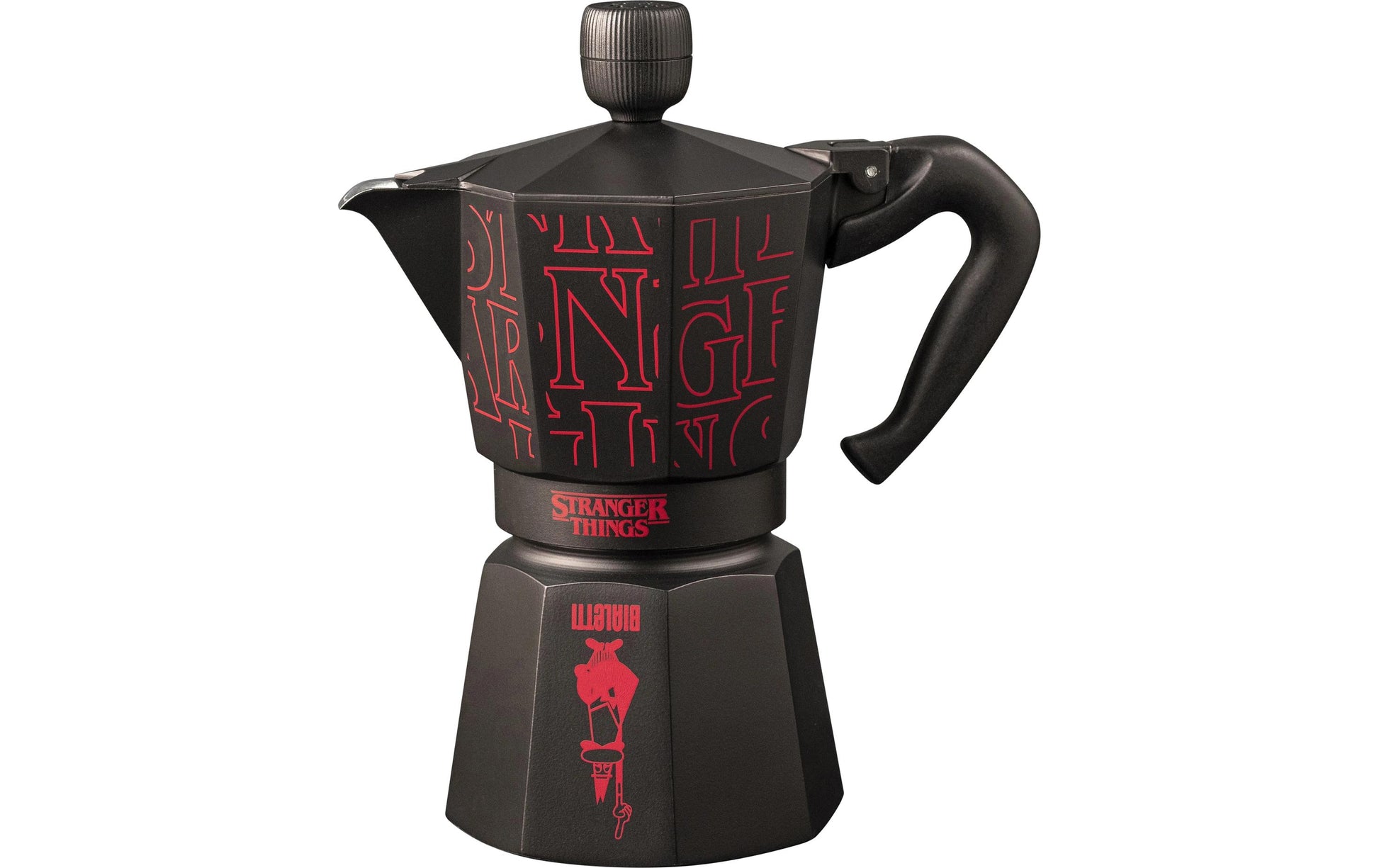 Bialetti Stranger Things Moka Express – für Glaskeramik-Kochfelder, 6 Tassen, Edelstahl, rot/schwarz
