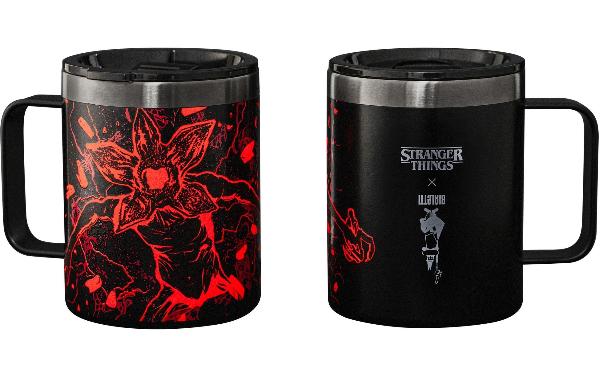 Bialetti Stranger Things Thermobecher 420 ml – doppelwandig, Edelstahl, mit Griff, schwarz/rot
