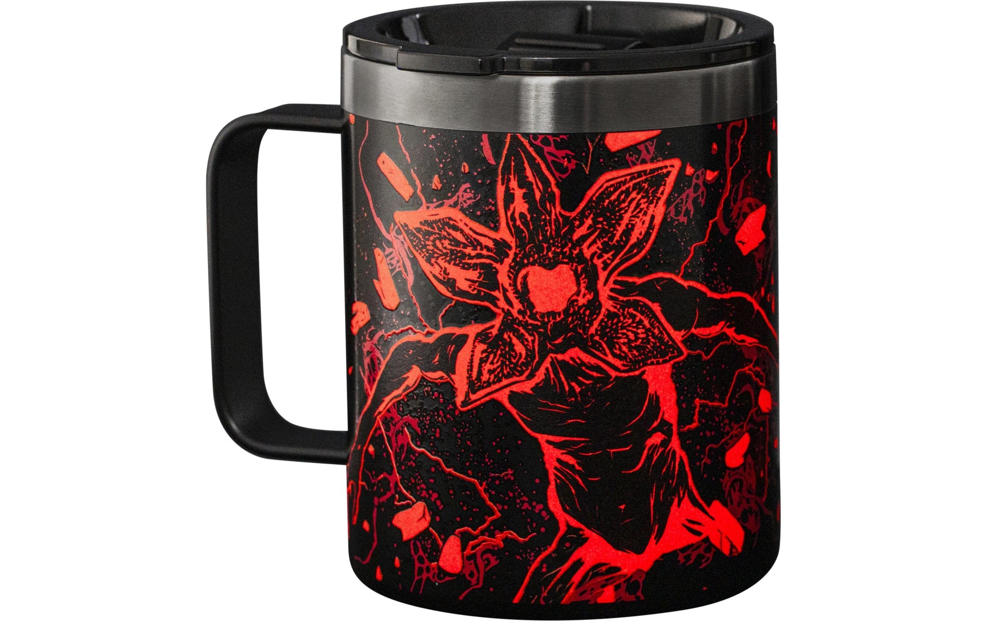 Bialetti Stranger Things Thermobecher 420 ml – doppelwandig, Edelstahl, mit Griff, schwarz/rot