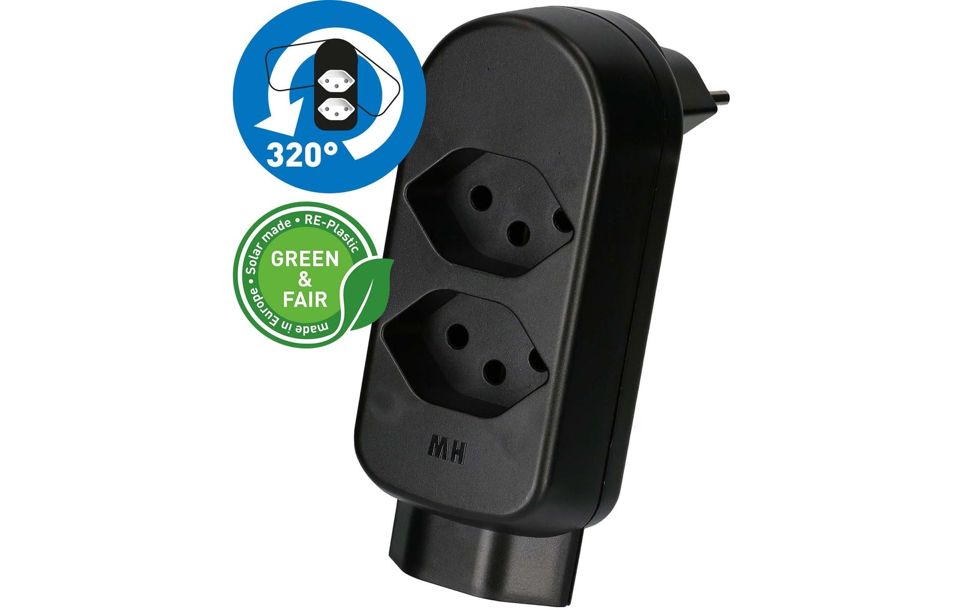 Max Hauri AG Max Hauri maxADAPT 2+1xT13 Abzweigstecker – T12 zu 2× T13, 230–250 V, 10 A, drehbar 320° – Schwarz