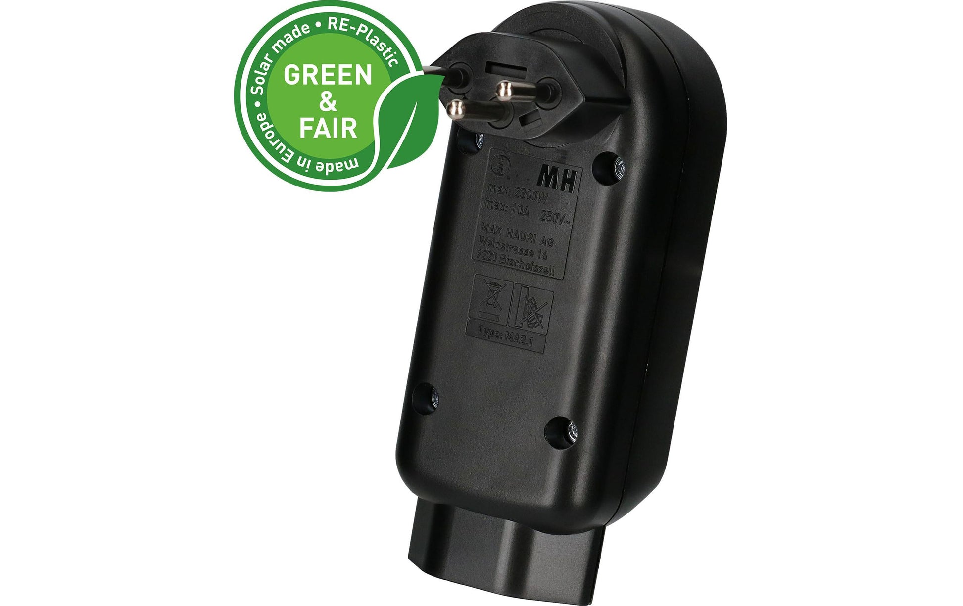 Max Hauri AG Max Hauri maxADAPT 2+1xT13 Abzweigstecker – T12 zu 2× T13, 230–250 V, 10 A, drehbar 320° – Schwarz