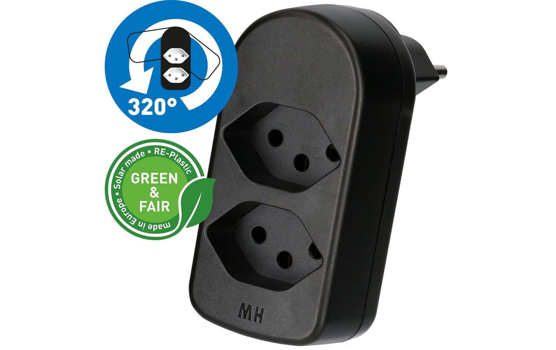 Max Hauri AG Max Hauri ADAPT 176504 Abzweigstecker T12 zu 2× T13 – 230–250 V, 10 A, 2-fach, drehbar 320°, Schwarz