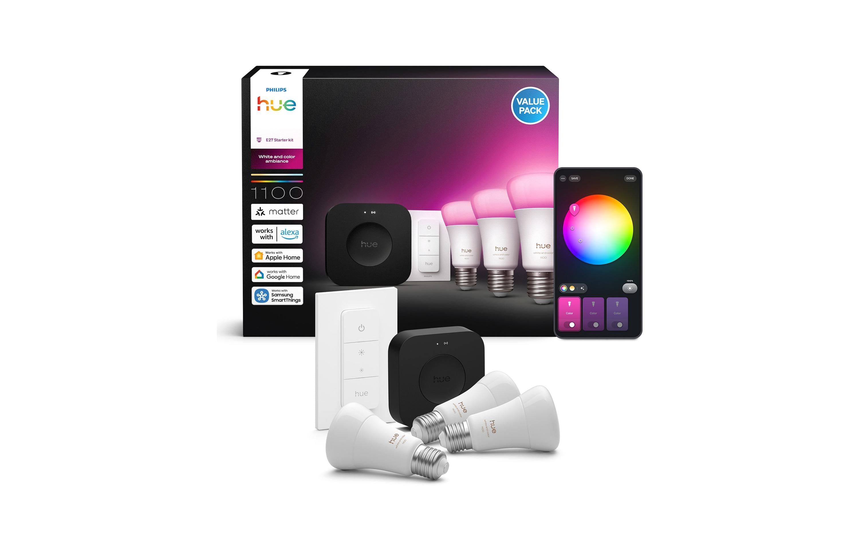 Philips Hue White & Colour Ambiance Starterset E27 3er – 8,1 W, inkl. Bridge & Dimmer, für Bluetooth
