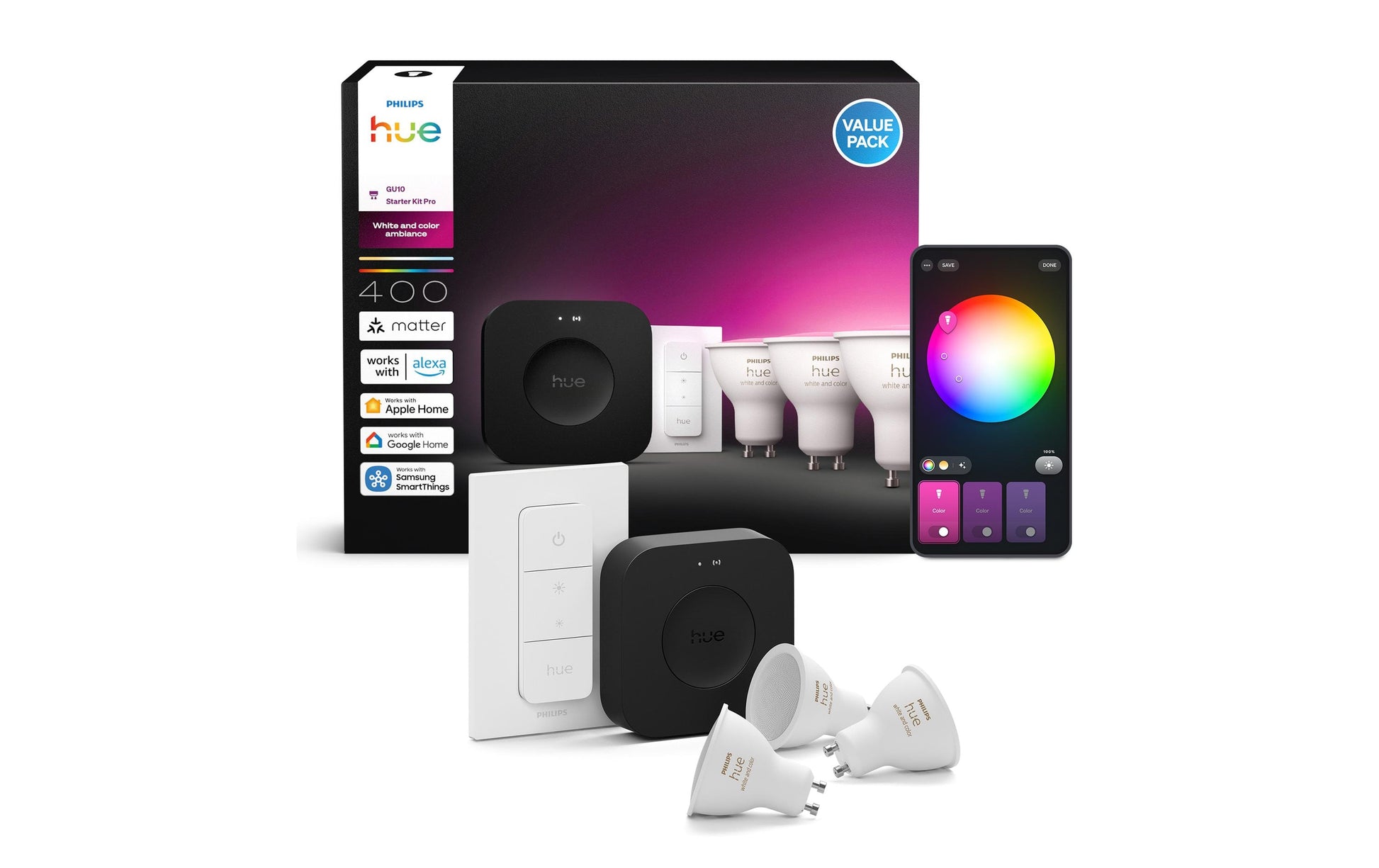 Philips Hue White & Colour Ambiance Starterset GU10 3er – 400 lm, inkl. Bridge, für Bluetooth & Apple HomeKit
