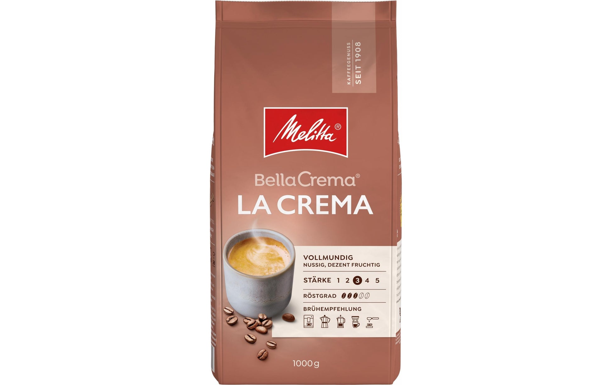 Melitta BellaCrema LaCrema – Kaffeebohnen – Café Crème, 100% Arabica, 1 kg