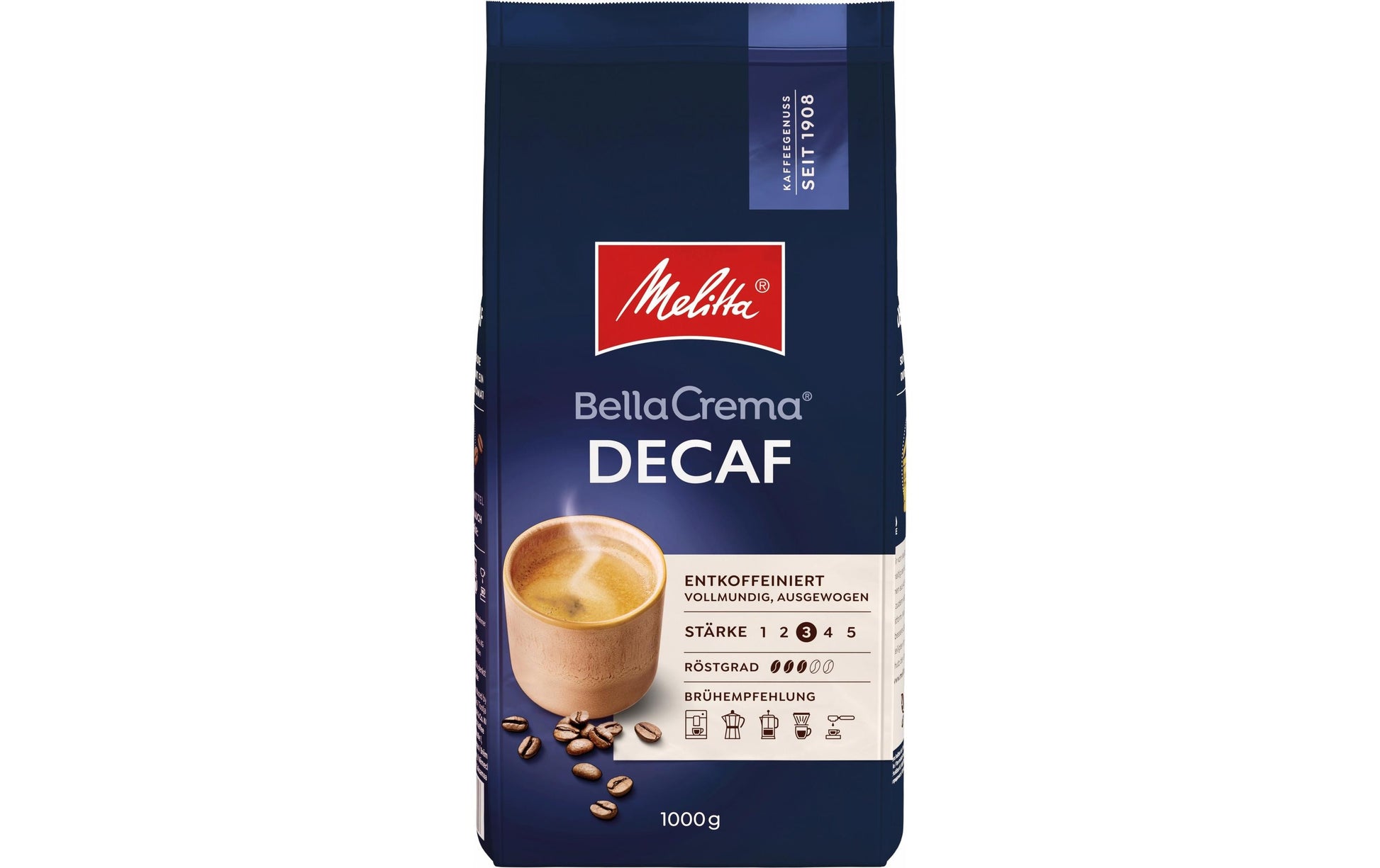 Melitta Bella Crema – Kaffeebohnen – Café Crème, entkoffeiniert, 1 kg