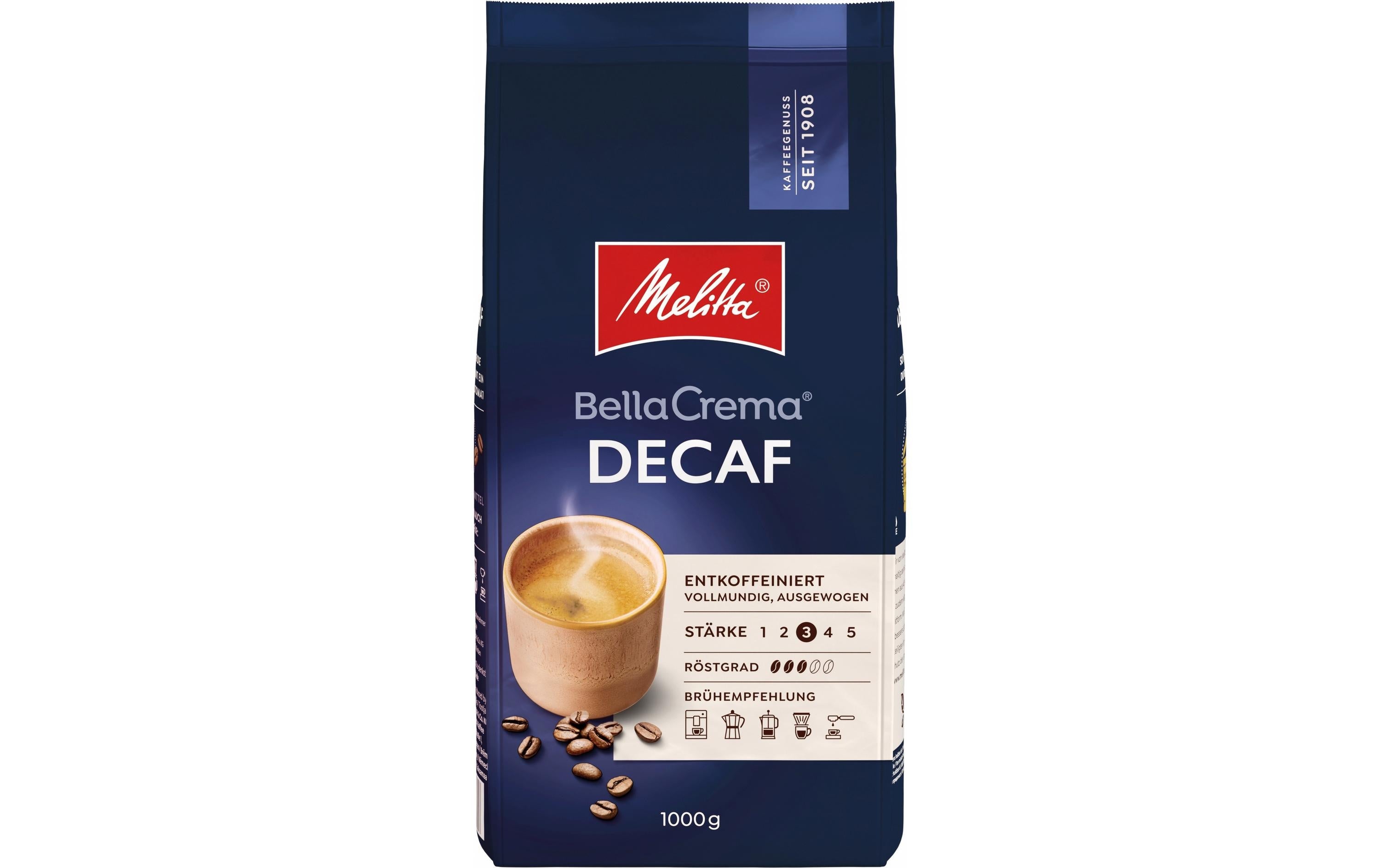 Melitta Bella Crema – Kaffeebohnen – Café Crème, entkoffeiniert, 1 kg
