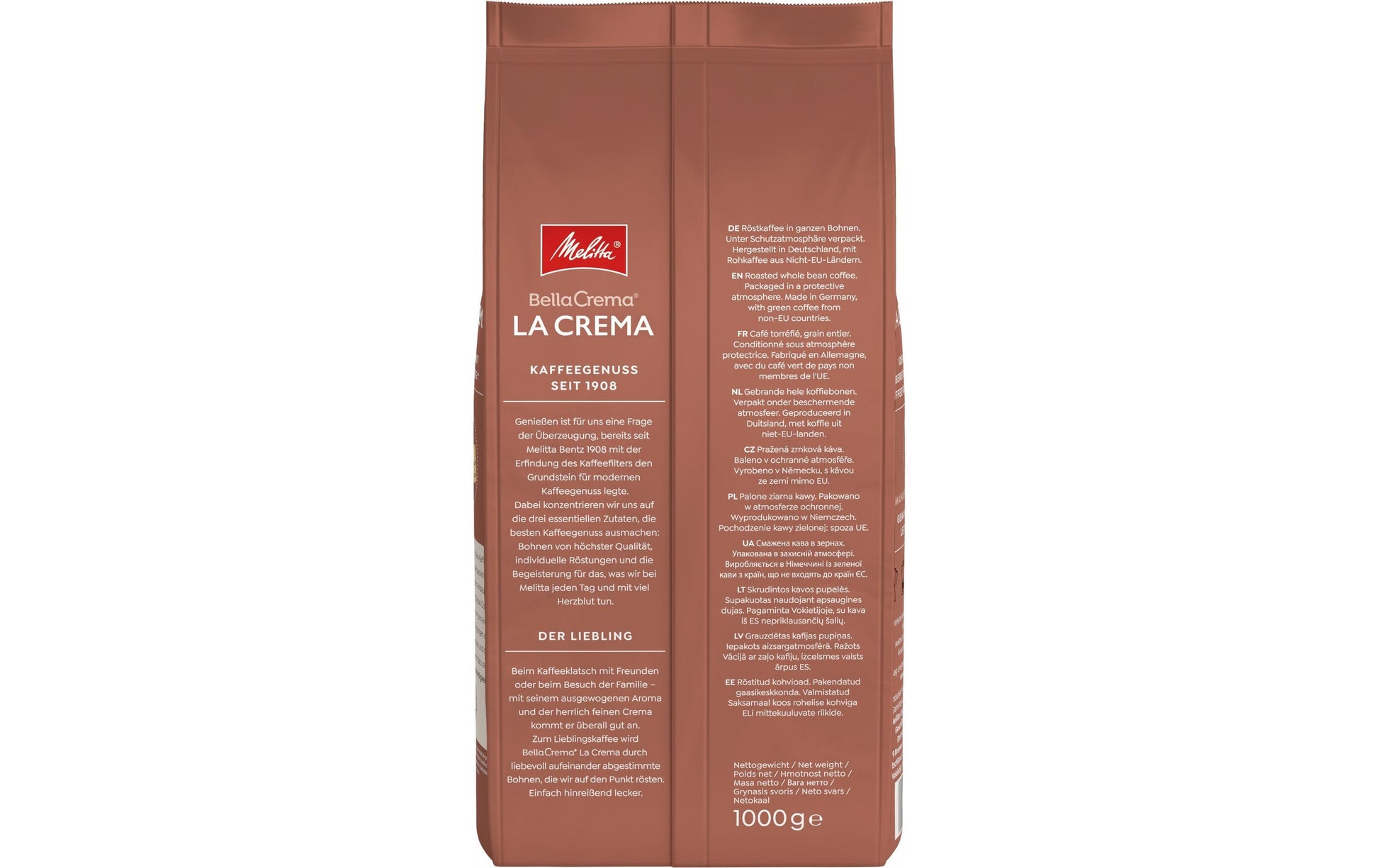 Melitta BellaCrema LaCrema – Kaffeebohnen – Café Crème, 100% Arabica, 1 kg