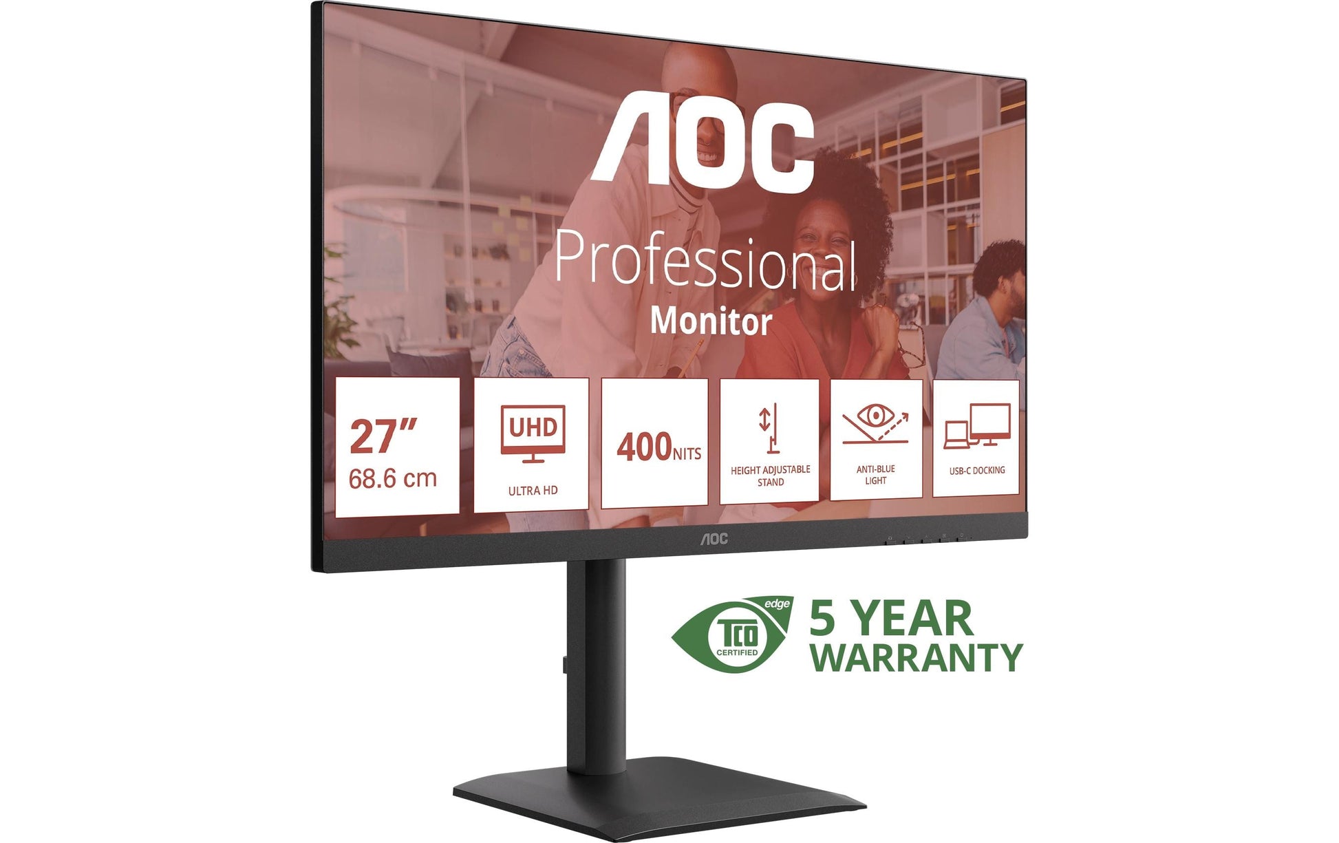 AOC U27E4CV – Monitor, 27", IPS, 60 Hz, 400 cd/m², USB-C, USB-Hub, Adaptive Sync, VESA 100 × 100, Schwarz