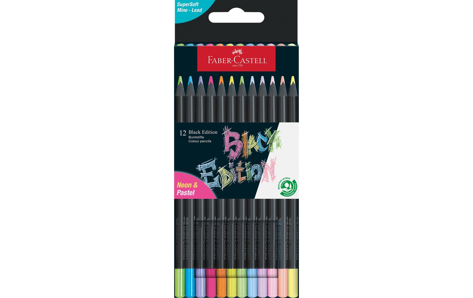 Faber-Castell Buntstifte Black Edition – 12 Farben, im Kartonetui, Ø 3 mm, dreikantig, FSC