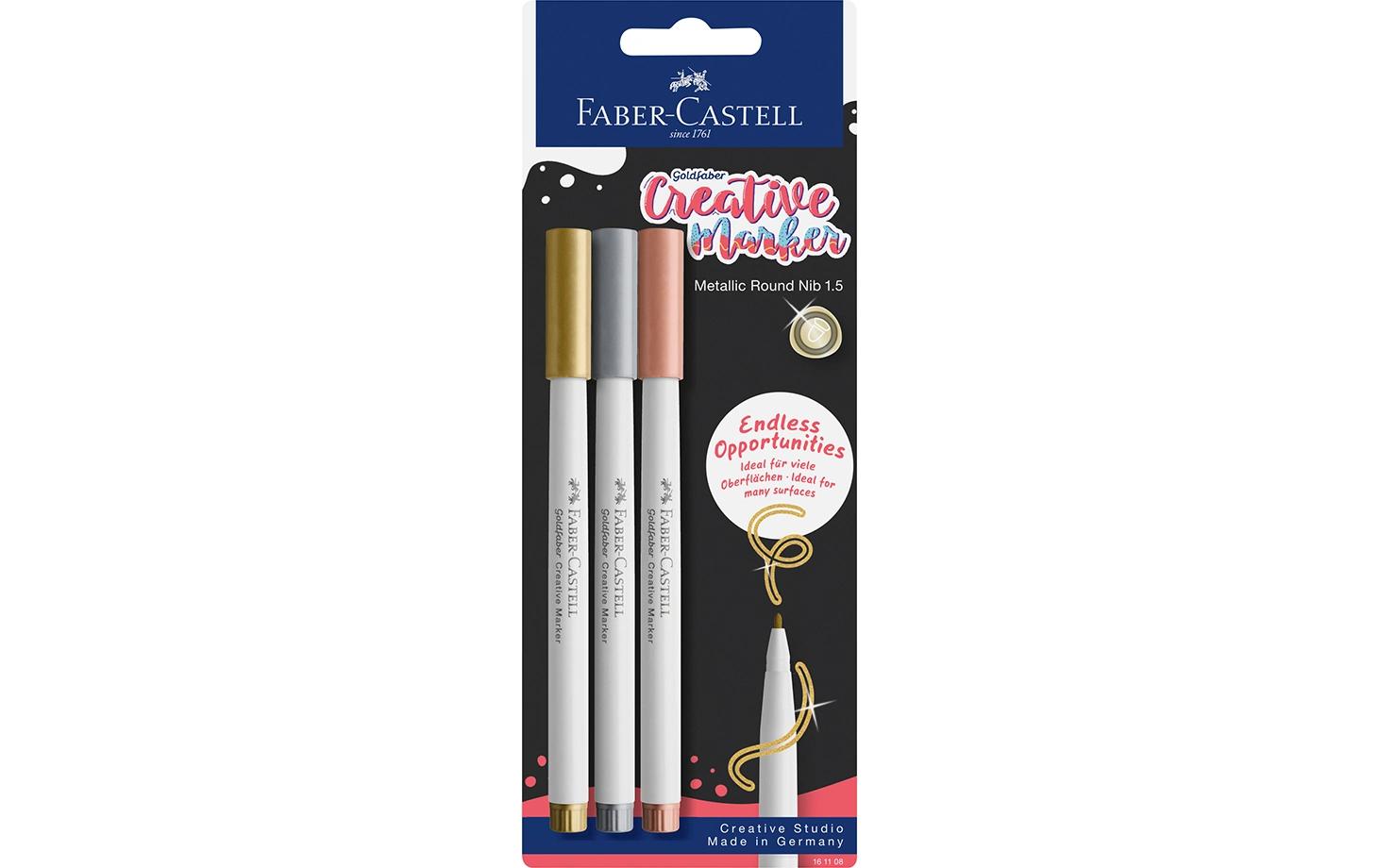 Faber-Castell Goldfaber Creative Filzstift Metallic – Rundspitze, 1,5 mm, wasserbasiert, 3 Farben
