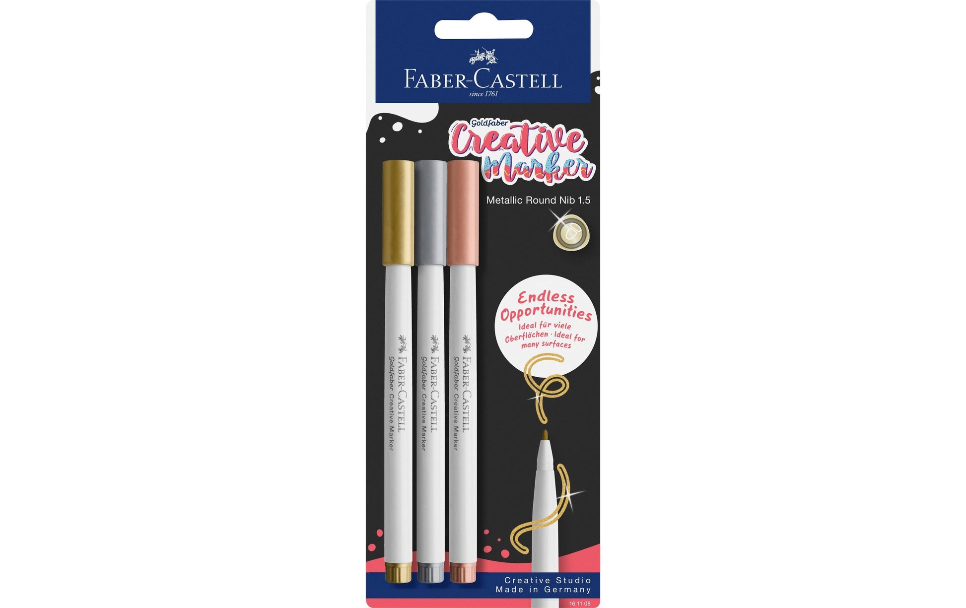 Faber-Castell Goldfaber Creative Filzstift Metallic – Rundspitze, 1,5 mm, wasserbasiert, 3 Farben