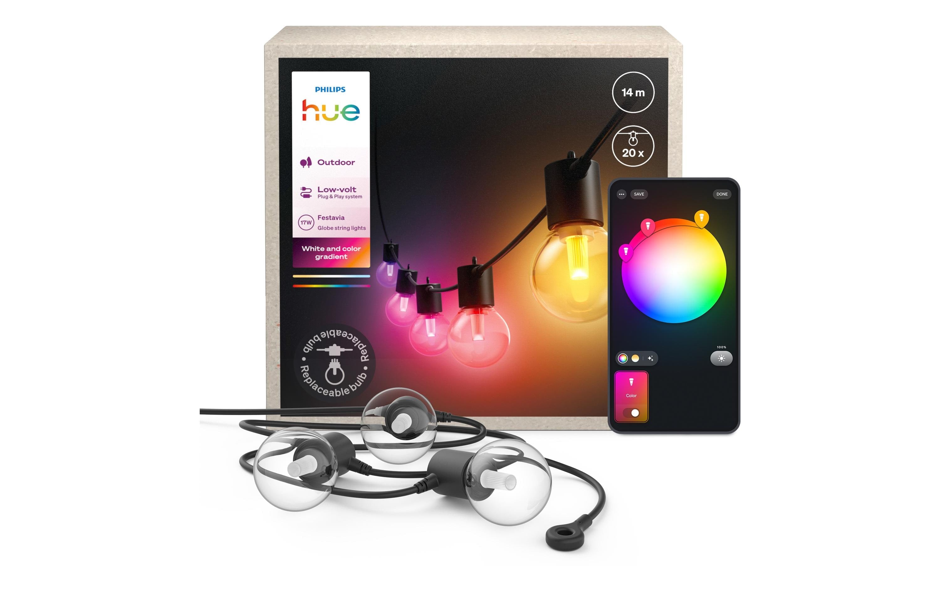 Philips Hue Festavia Globe Outdoor LED-Aussenleuchte – 17,1 W, 1000–20000 K, 100–240 V