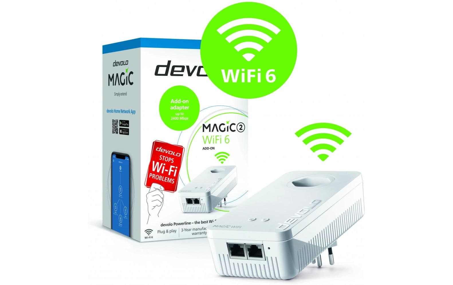 Devolo Magic 2 Wi‑Fi 6 next – Powerline-Adapter – Powerline 2,4 Gbit/s, 2× RJ‑45 1G, integrierte Steckdose