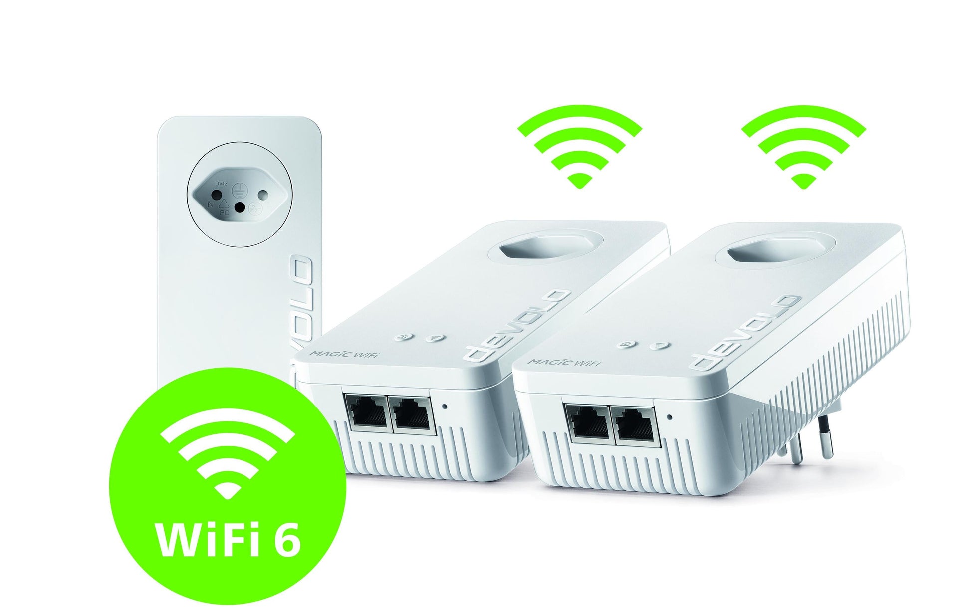 Devolo Magic 2 Wi‑Fi 6 Mesh-Set (3er) – Wi‑Fi 6, Dual-Band (2,4/5 GHz), bis 2,4 Gbit/s, 2× RJ‑45 je Node