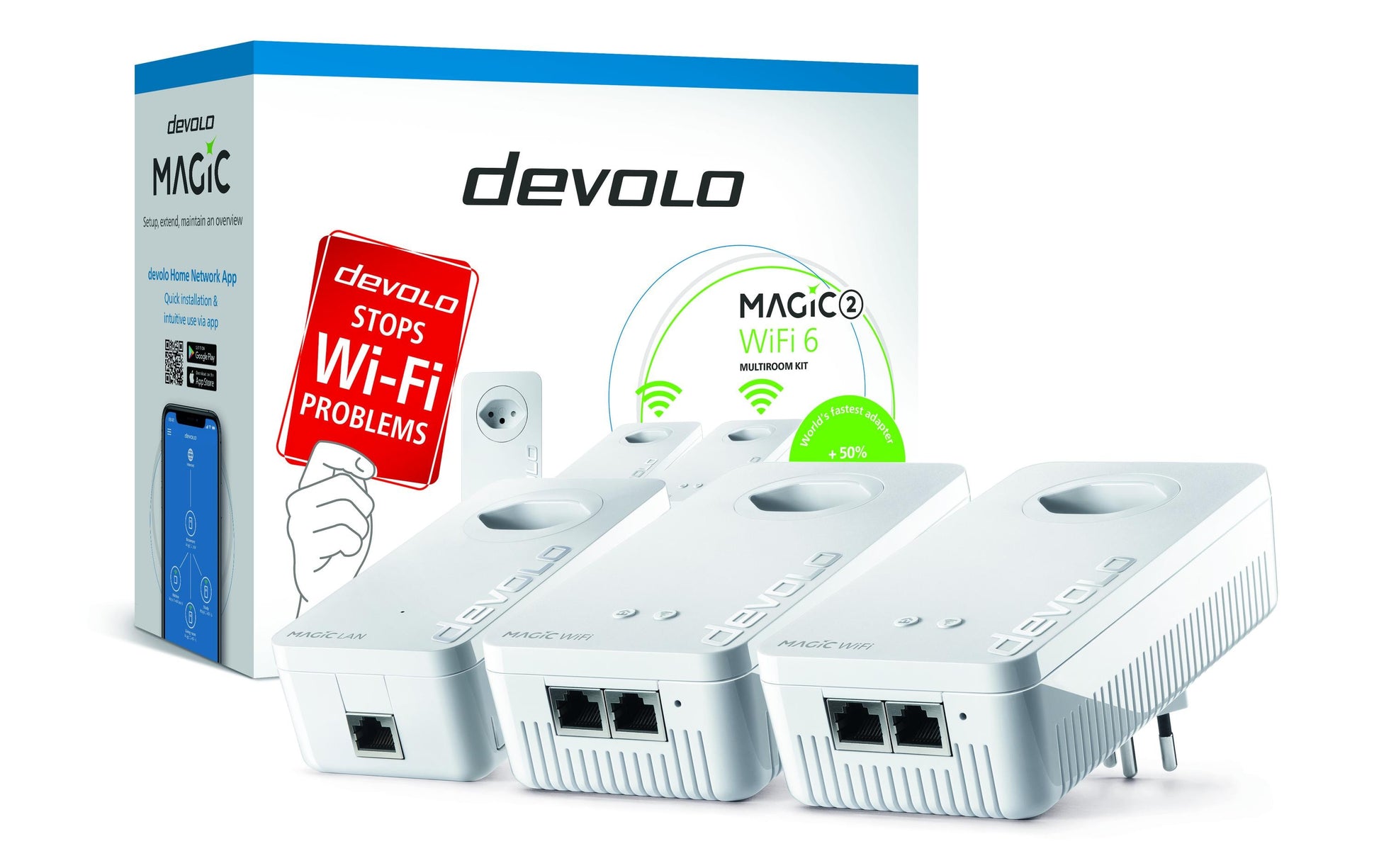 Devolo Magic 2 Wi‑Fi 6 Mesh-Set (3er) – Wi‑Fi 6, Dual-Band (2,4/5 GHz), bis 2,4 Gbit/s, 2× RJ‑45 je Node