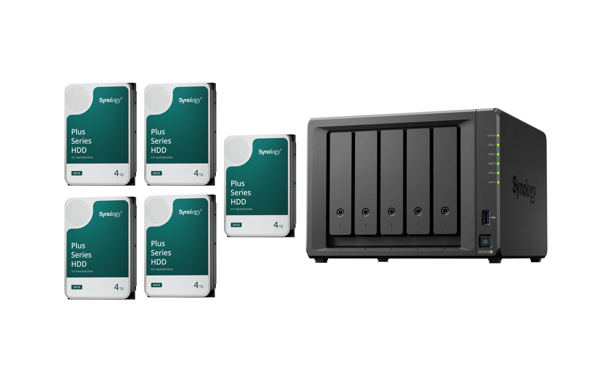 Synology DS1525+ – 5-Bay Tower NAS – AMD Ryzen Embedded V1500B, 8 GB RAM, 2,5GbE, 20 TB HDD vorinstalliert