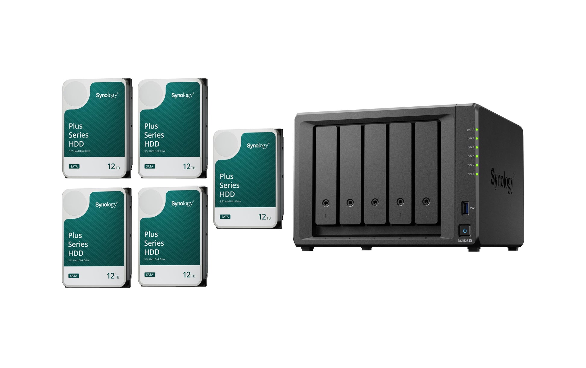 Synology DS1525+ – 5-Bay Tower NAS – AMD Ryzen V1500B, 8 GB RAM, 2,5GbE, 60 TB HDD vorinstalliert