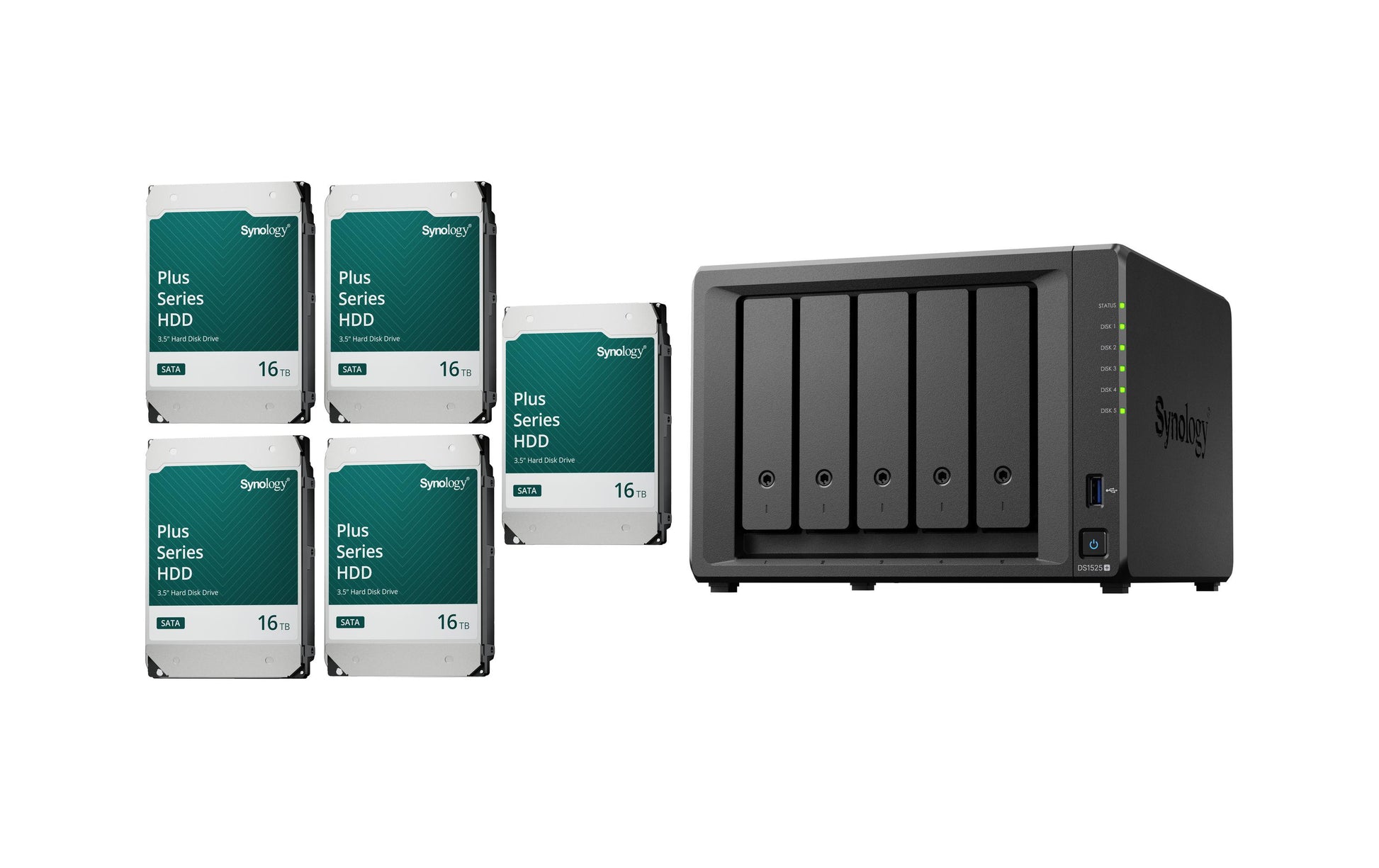 Synology DS1525+ – 5-Bay Tower NAS – AMD Ryzen V1500B, 8 GB RAM, 2.5GbE