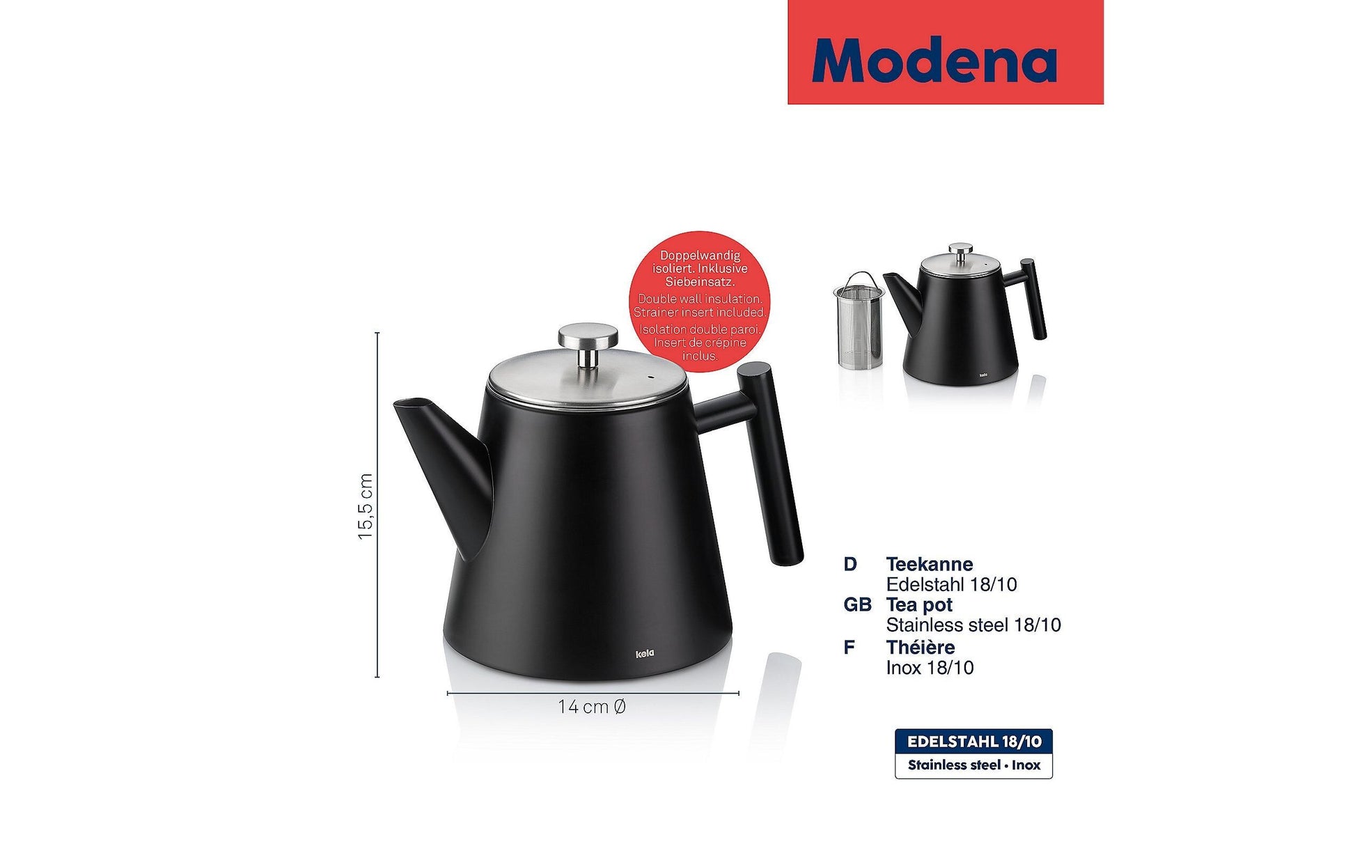 Kela Teekanne Modena – 1 l, Ø 14 cm × H 15,5 cm, Edelstahl, mit Edelstahlfilter