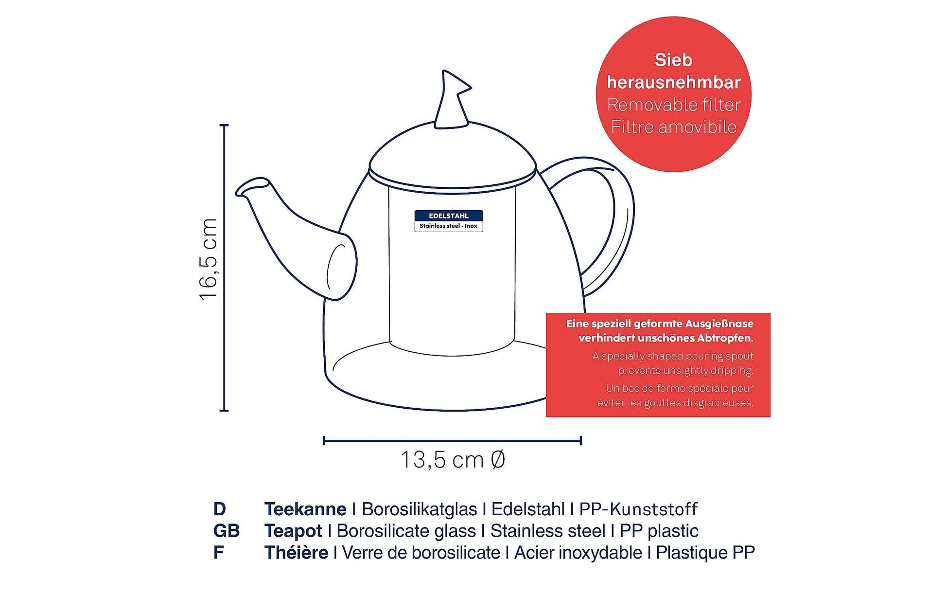 Kela Aurora – Teekanne, 1,3 l, Glas, Edelstahl-Teesieb, Silber, für Glaskeramik