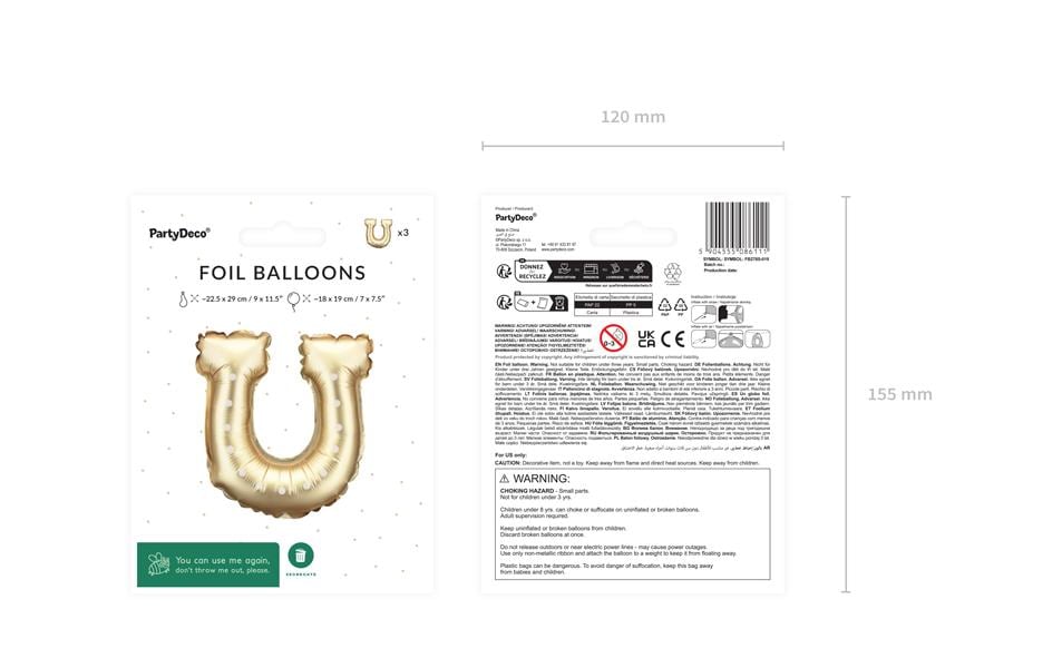PartyDeco Folienballon Hufeisen – Gold – 18 × 19 cm – 3 Stk