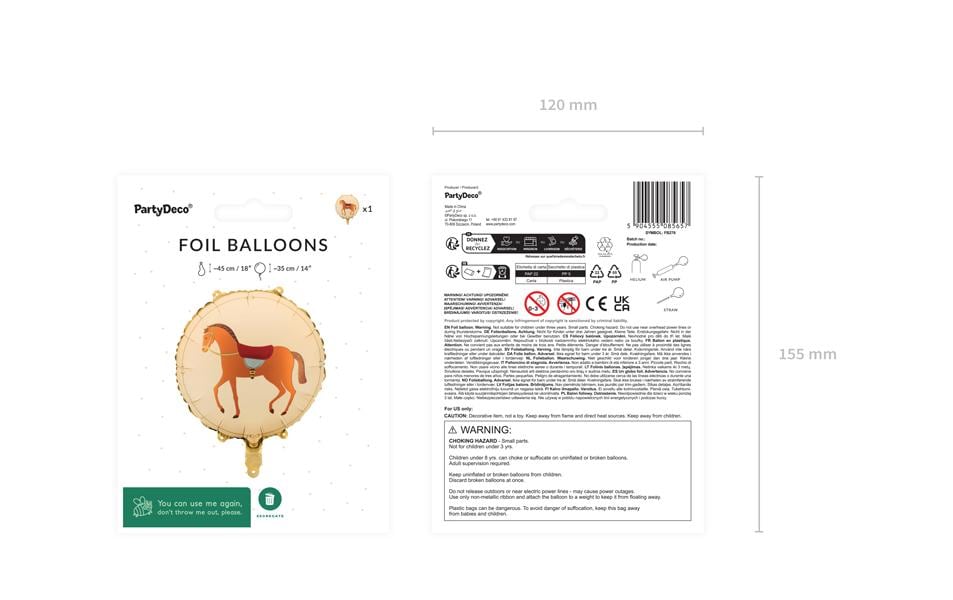 PartyDeco Folienballon Pferd – Mehrfarbig – 35 × 35 cm – Folie – 1 Stk