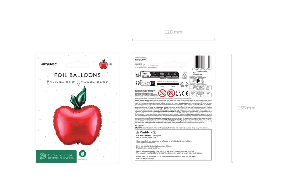 PartyDeco Folienballon Apfel – mehrfarbig – 45 × 57 cm – 1 Stk