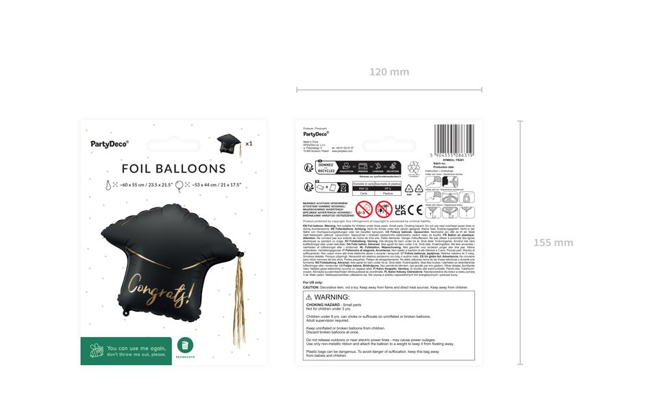 PartyDeco Folienballon Kappe – schwarz – 53 × 44 cm – 1 Stk