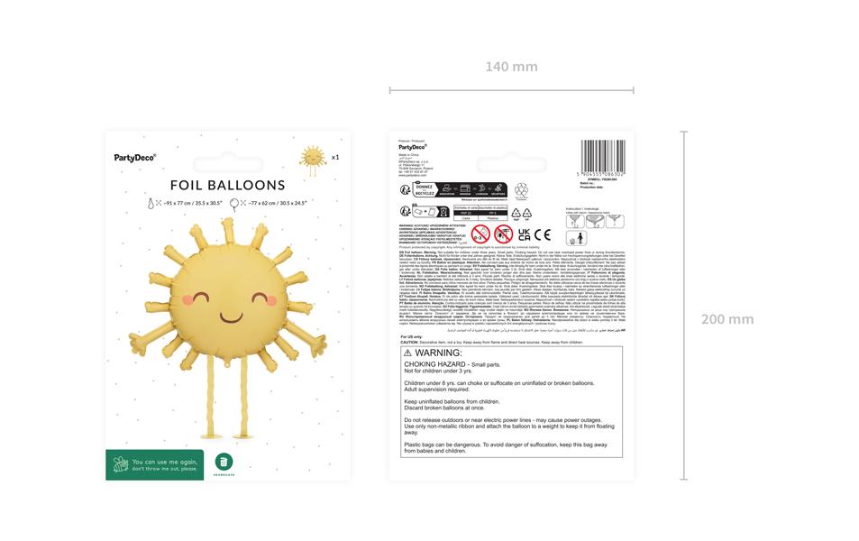 PartyDeco Folienballon Sonne – 77 × 62 cm – Folie, Gelb