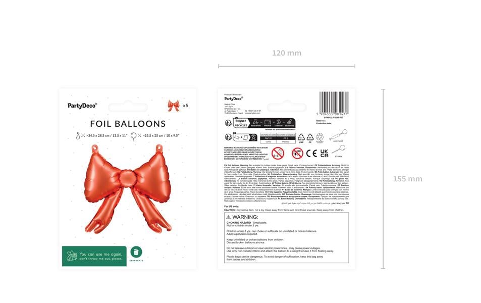 PartyDeco Folienballon Schleife – Rot – 25 × 25 cm – 5 Stk
