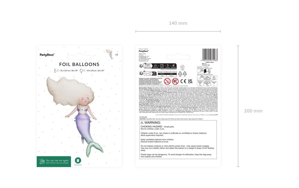 PartyDeco Folienballon Meerjungfrau – mehrfarbig – 111 × 63 cm – 1 Stk