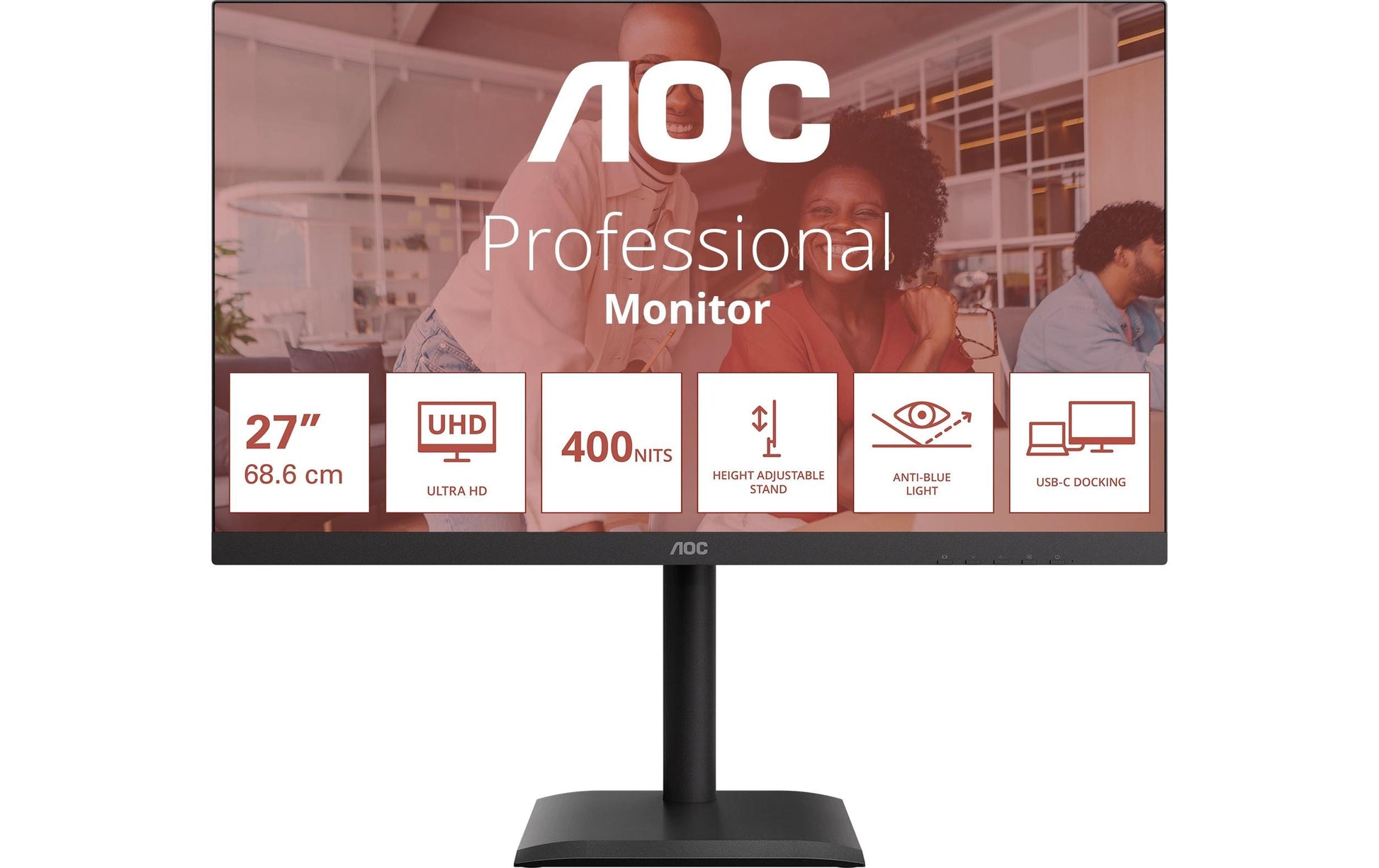 AOC U27E4CV – Monitor, 27", IPS, 60 Hz, 400 cd/m², USB-C, USB-Hub, Adaptive Sync, VESA 100 × 100, Schwarz